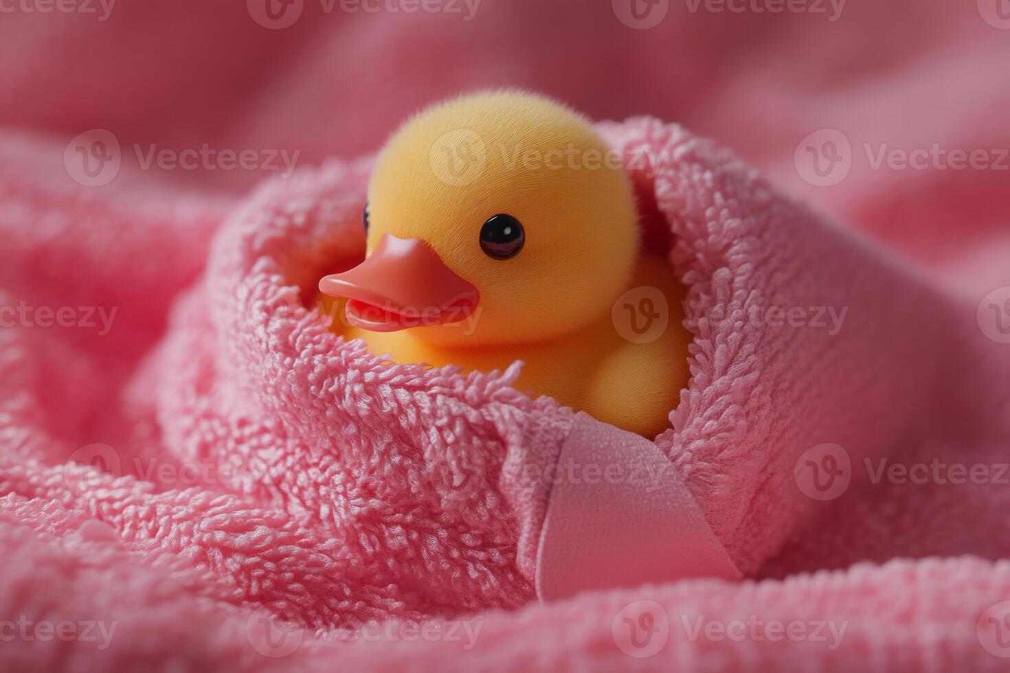 A cheerful rubber duck wrapped snugly in a pink towel during a playful bath time, evoking delightful childhood memories photo