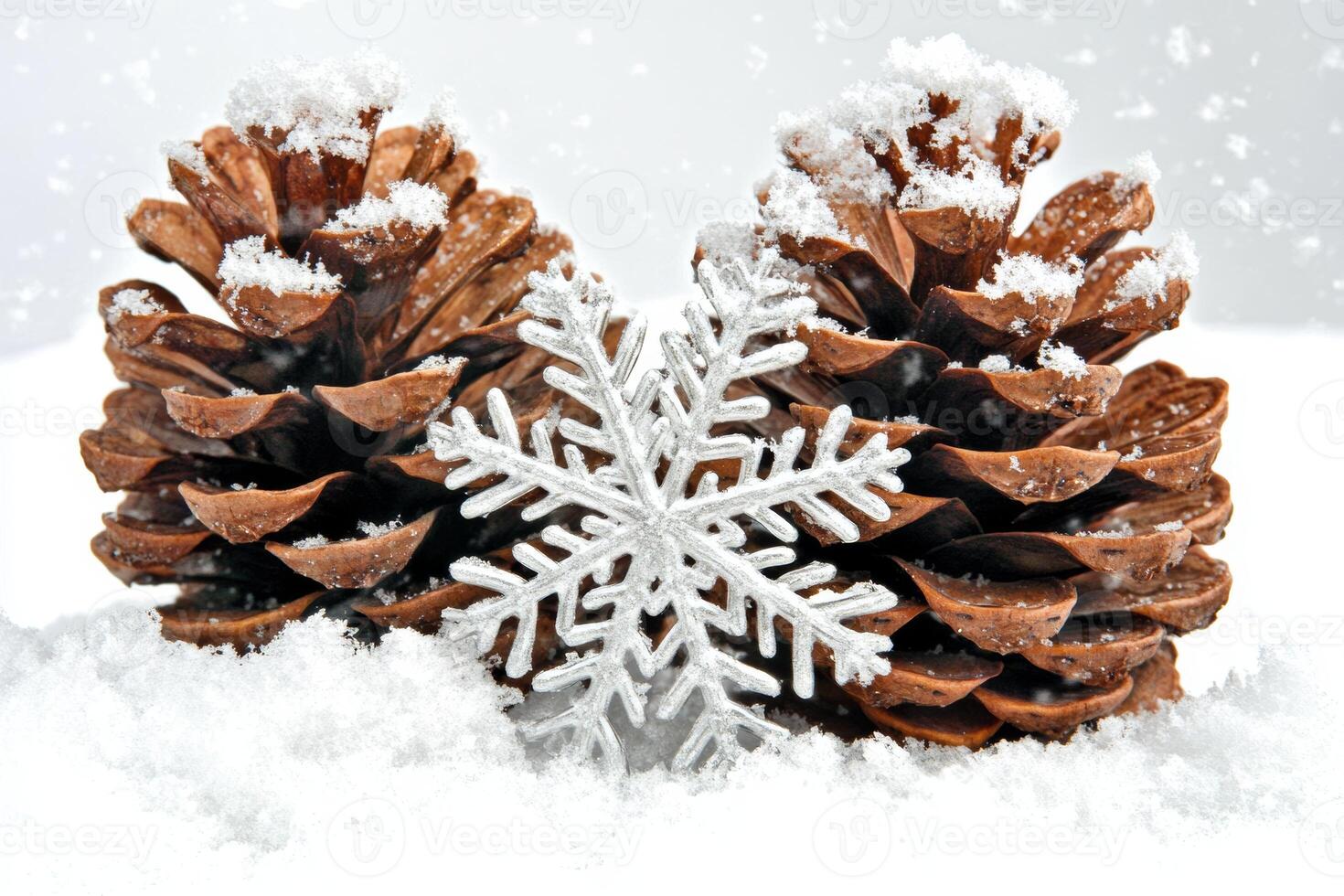 Snow-covered pinecones surrounded by delicate snowflakes on a white backdrop capturing the beauty of winter's touch in nature photo