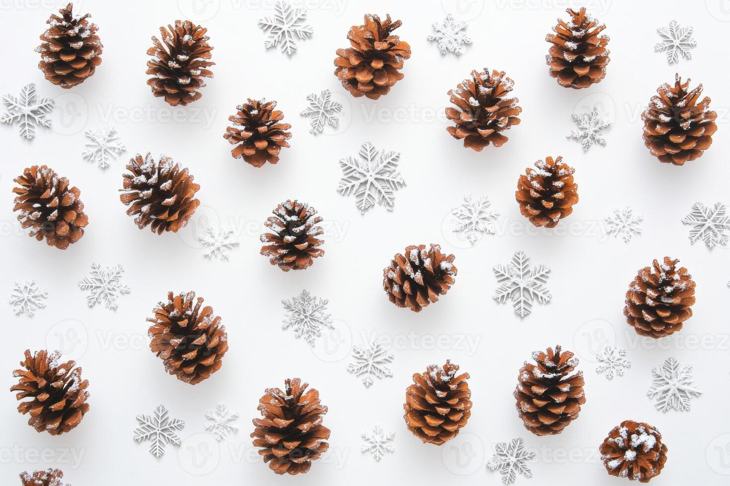Snow-covered pinecones and delicate snowflakes arranged beautifully on a crisp white background in a winter wonderland setting photo