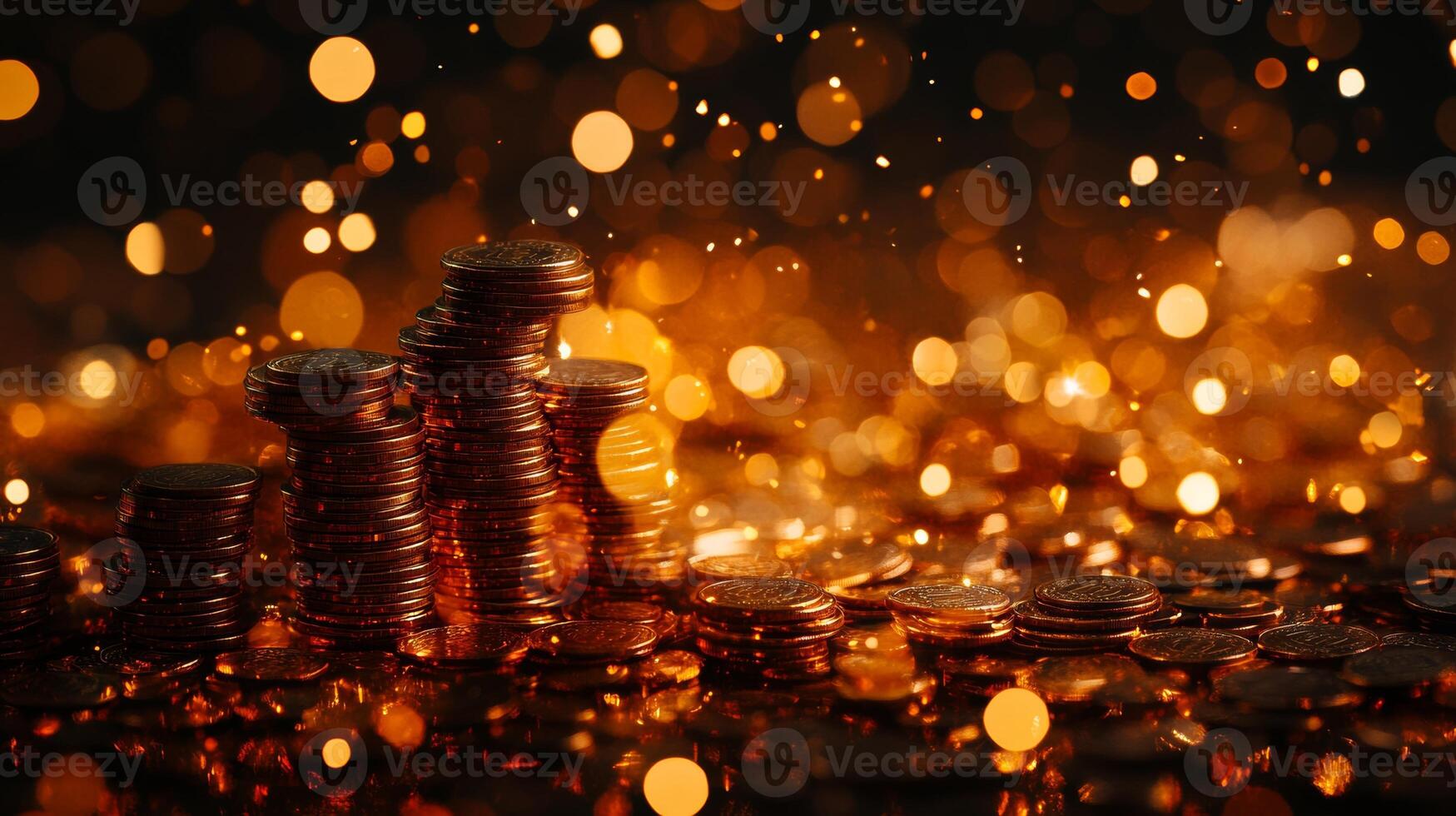 Stacks of shimmering coins on a festive background with vibrant bokeh lights creating a warm, celebratory atmosphere photo