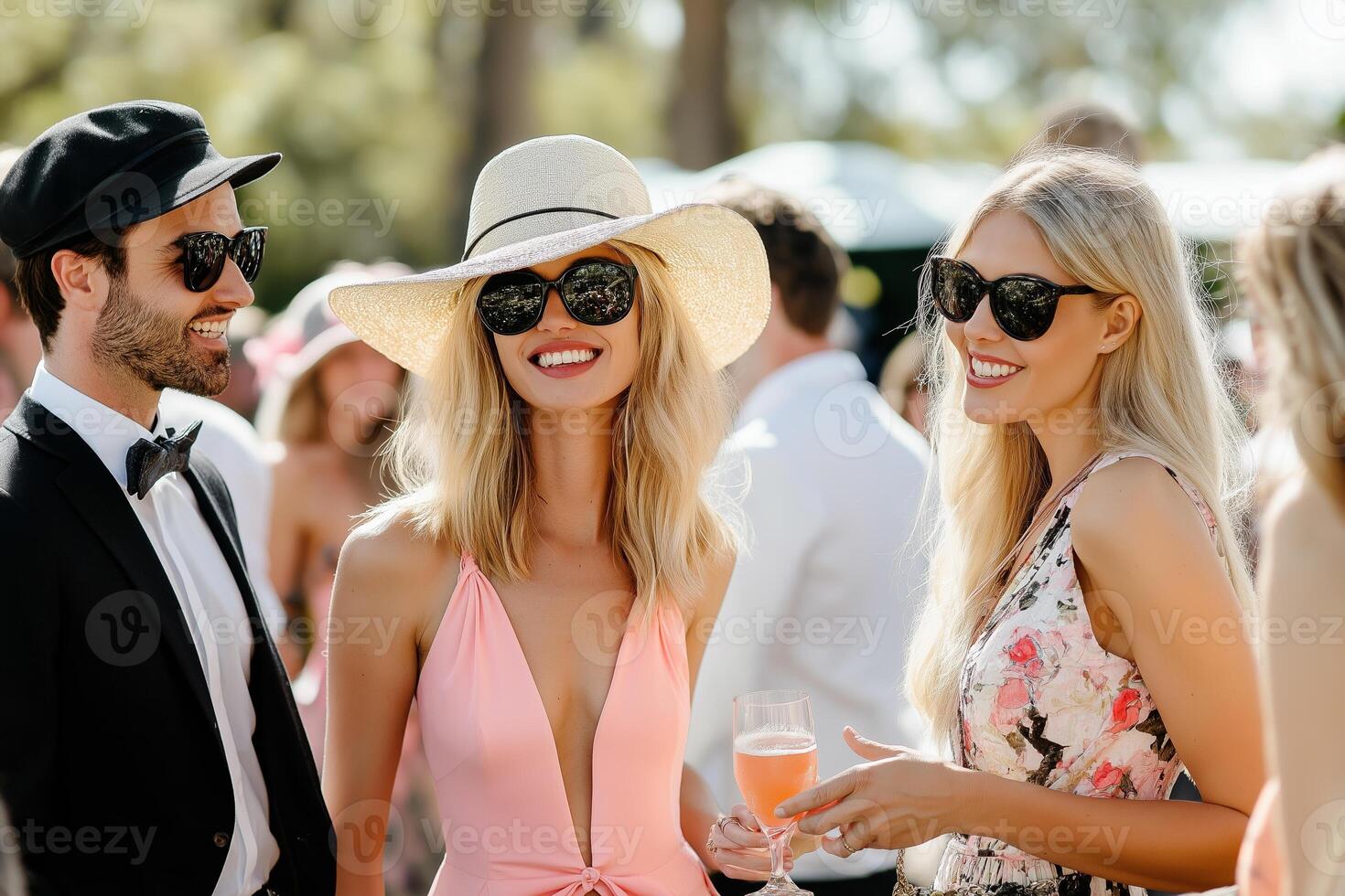 Stylish crowd enjoying the Spring Racing Carnival in an elegant garden setting with cheerful conversations and drinks photo