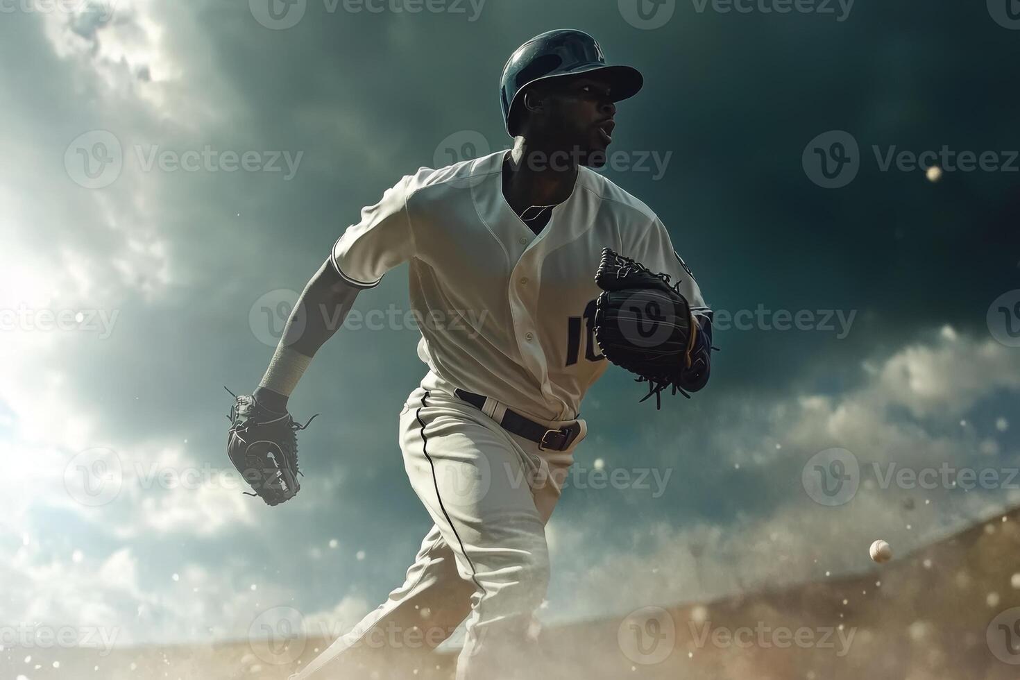 A professional baseball player sprints through the energetic stadium during an intense game photo