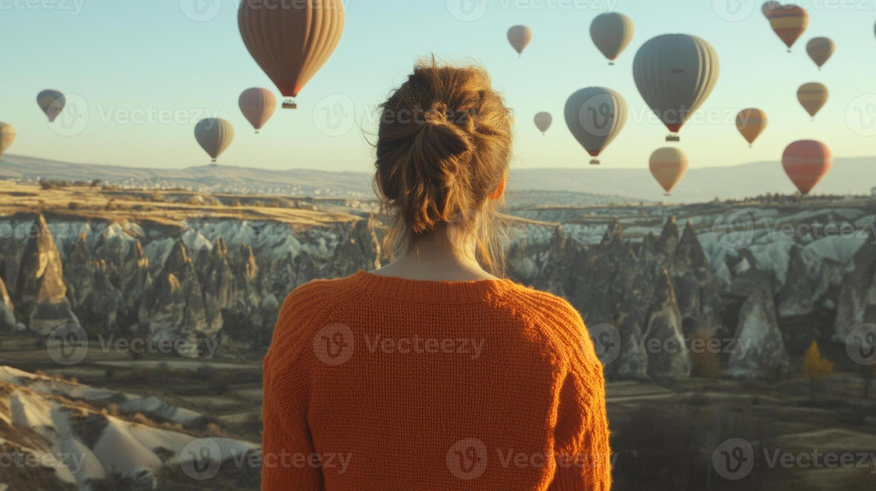 A woman in an orange sweater gazes at hot air balloons drifting over the stunning landscapes of Cappadocia, Turkey at sunrise photo