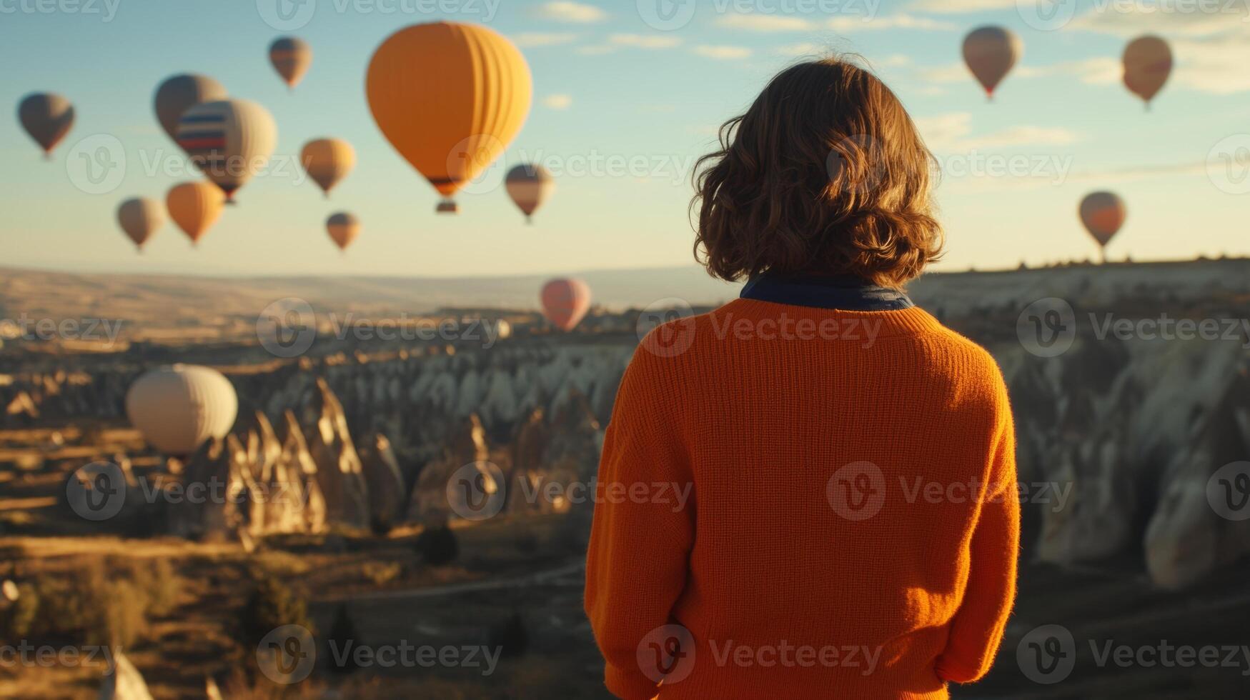 A woman in an orange sweater enjoys the sight of colorful hot air balloons drifting over Cappadocia, Turkey during sunrise photo