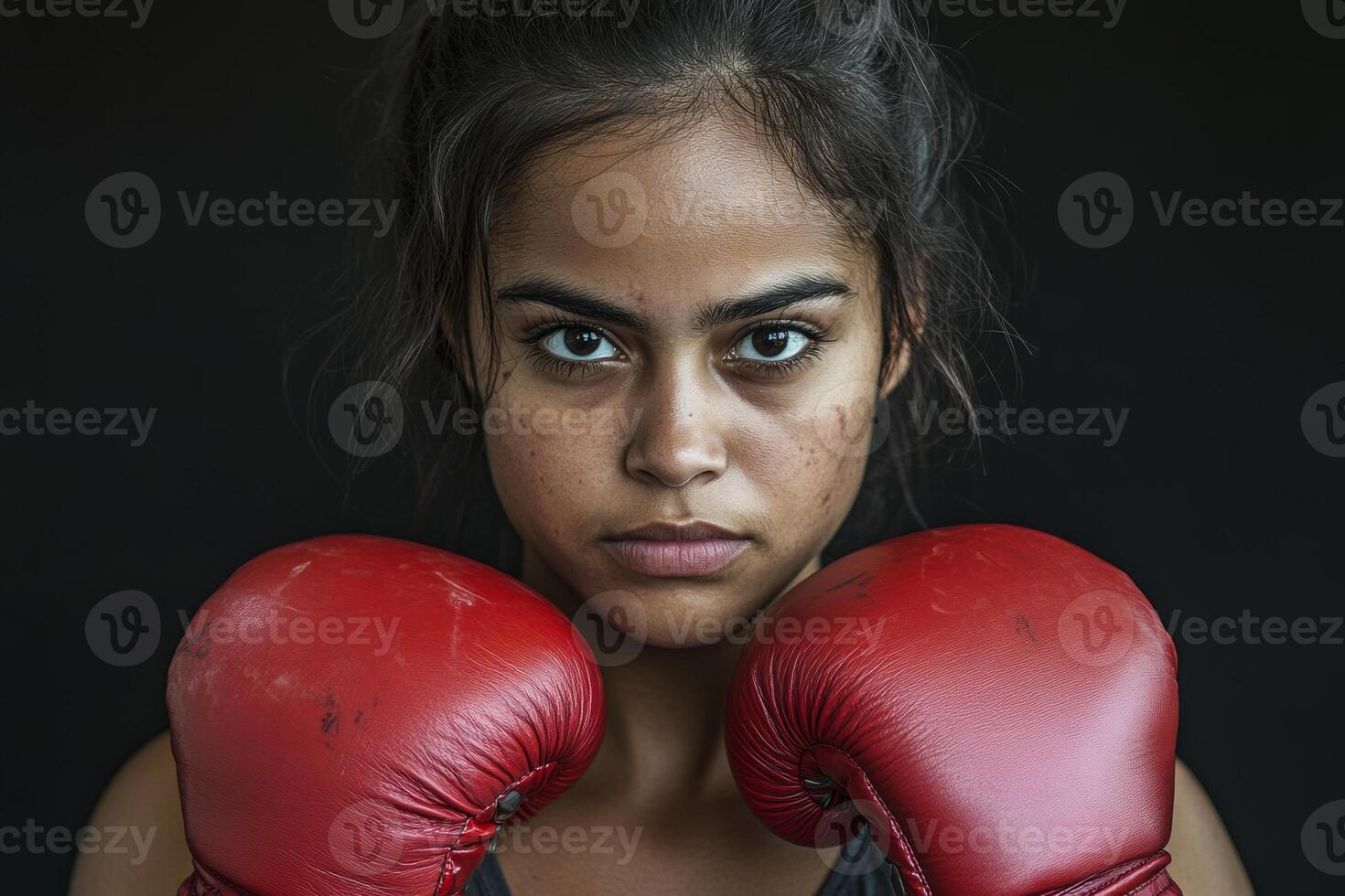 Young girl in red boxing gloves exudes determination and strength during an indoor training session focused on empowerment photo