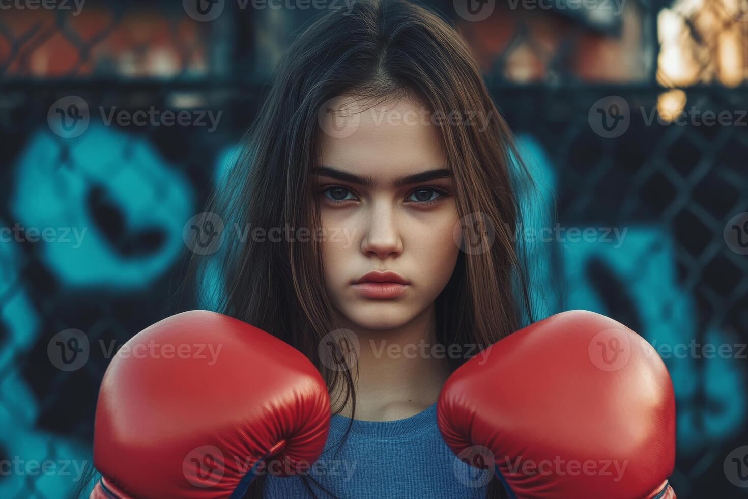 Young girl wearing red boxing gloves displays determination while preparing for a challenge in an urban setting during the afternoon photo