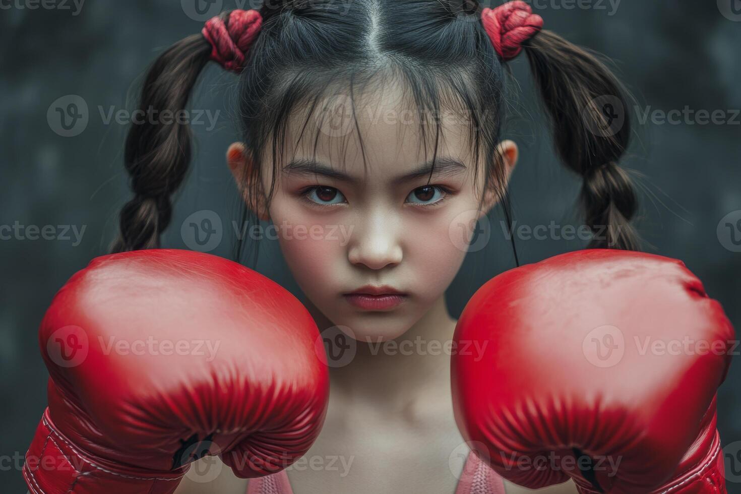 A young girl in red boxing gloves displays determination and strength while preparing for a workout in a gym setting photo