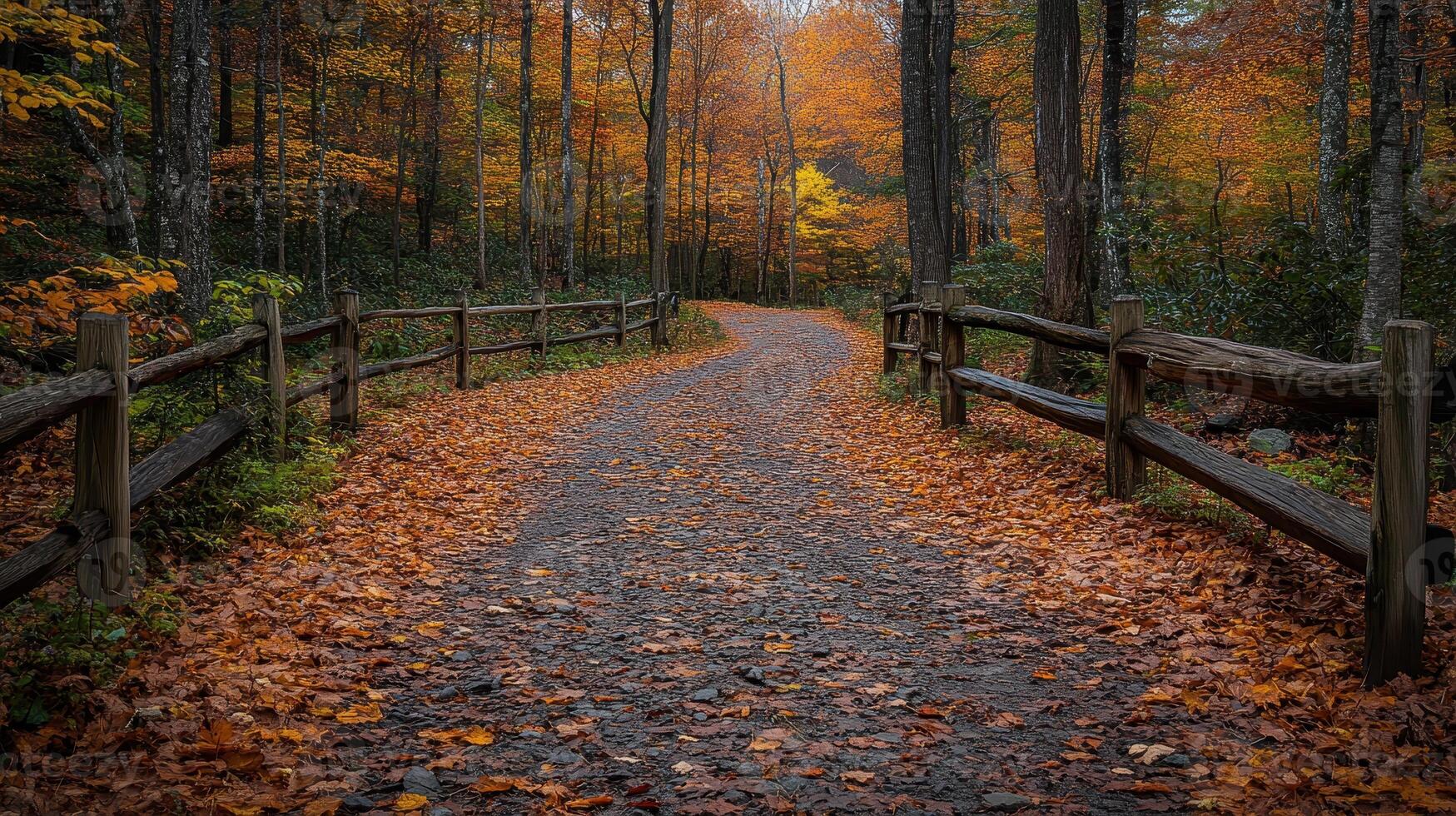 Autumnal forest path, leaves, scenic drive, misty background, nature photography photo