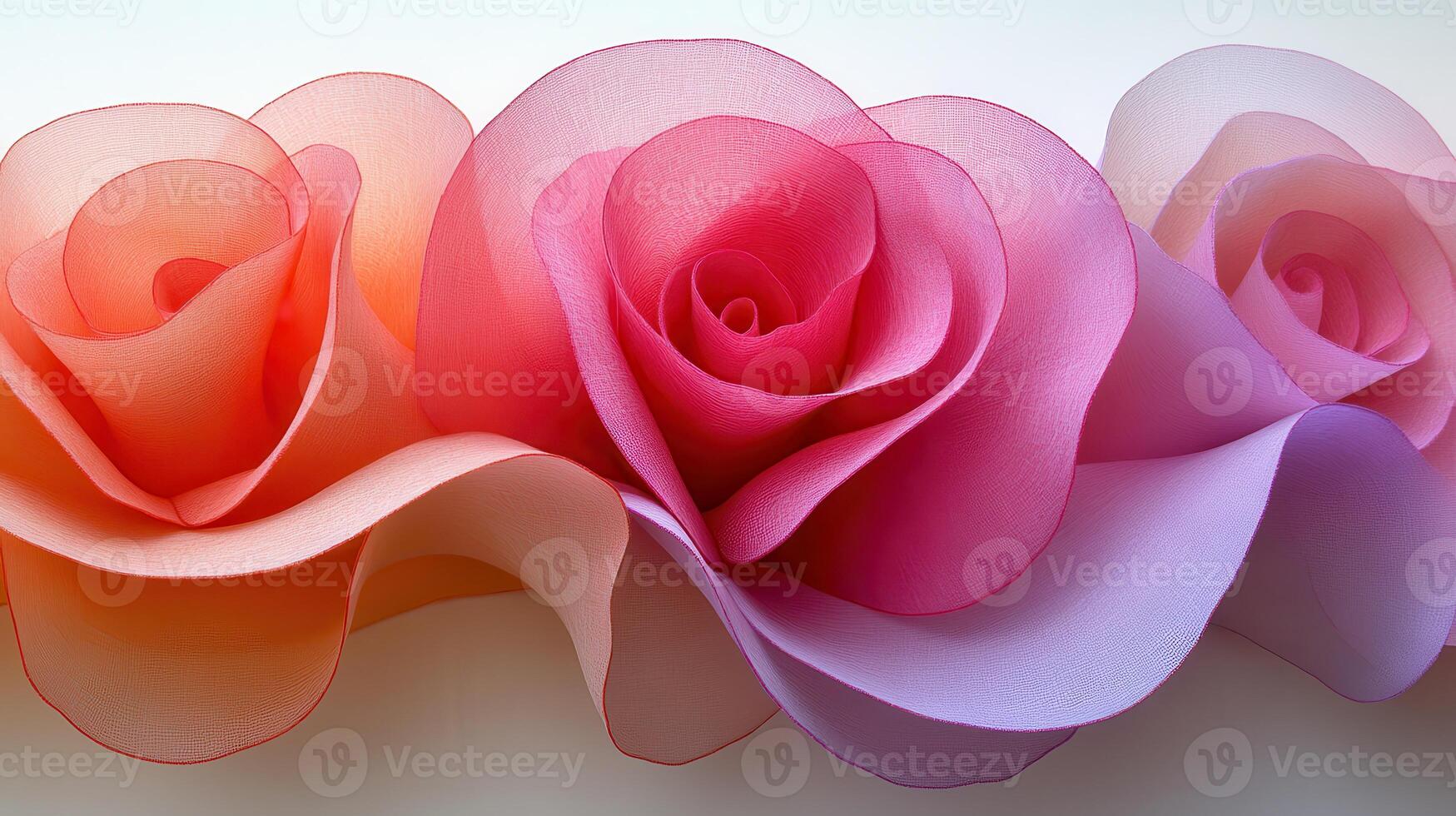 Colorful paper roses, gradient design, close-up, white background, decorative art photo