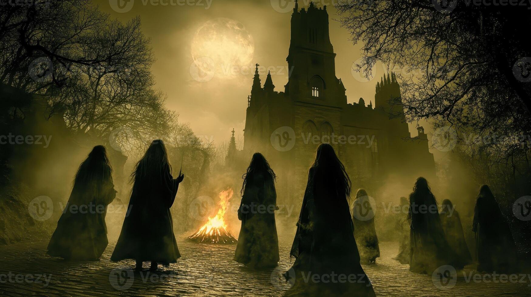 Moonlit coven gathers near gothic church photo