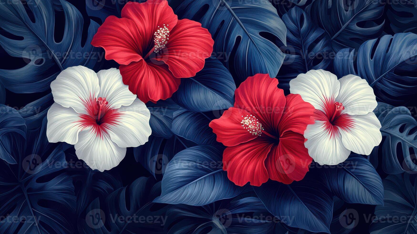 Red and white hibiscus flowers amidst tropical foliage photo