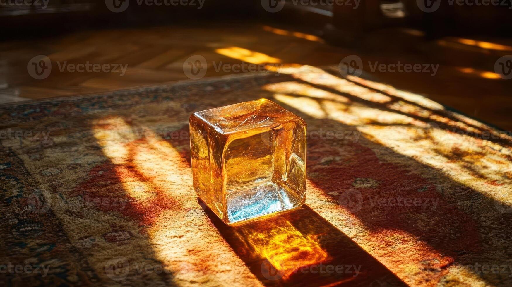 Amber glass cube on rug, sunlit room, interior design photo