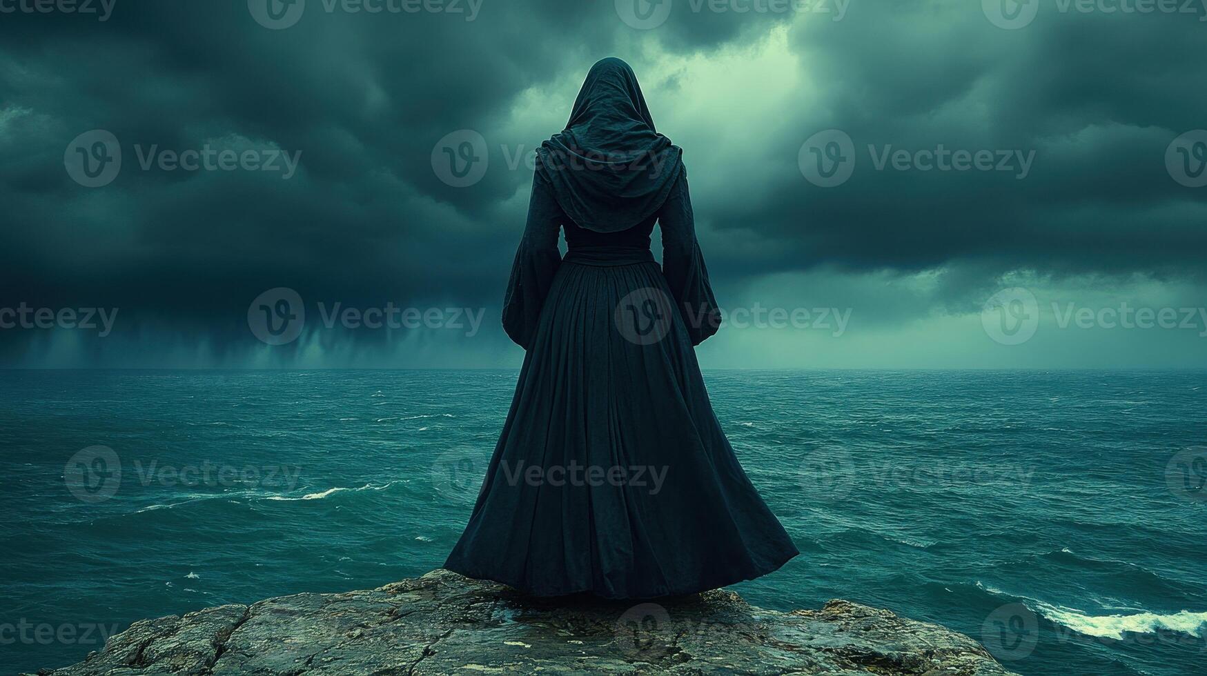Woman in dark robe faces stormy sea photo