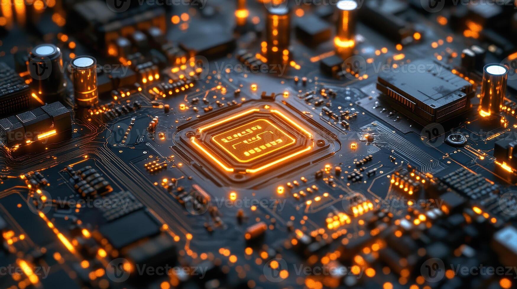 Glowing CPU on circuit board, technology background, data processing photo