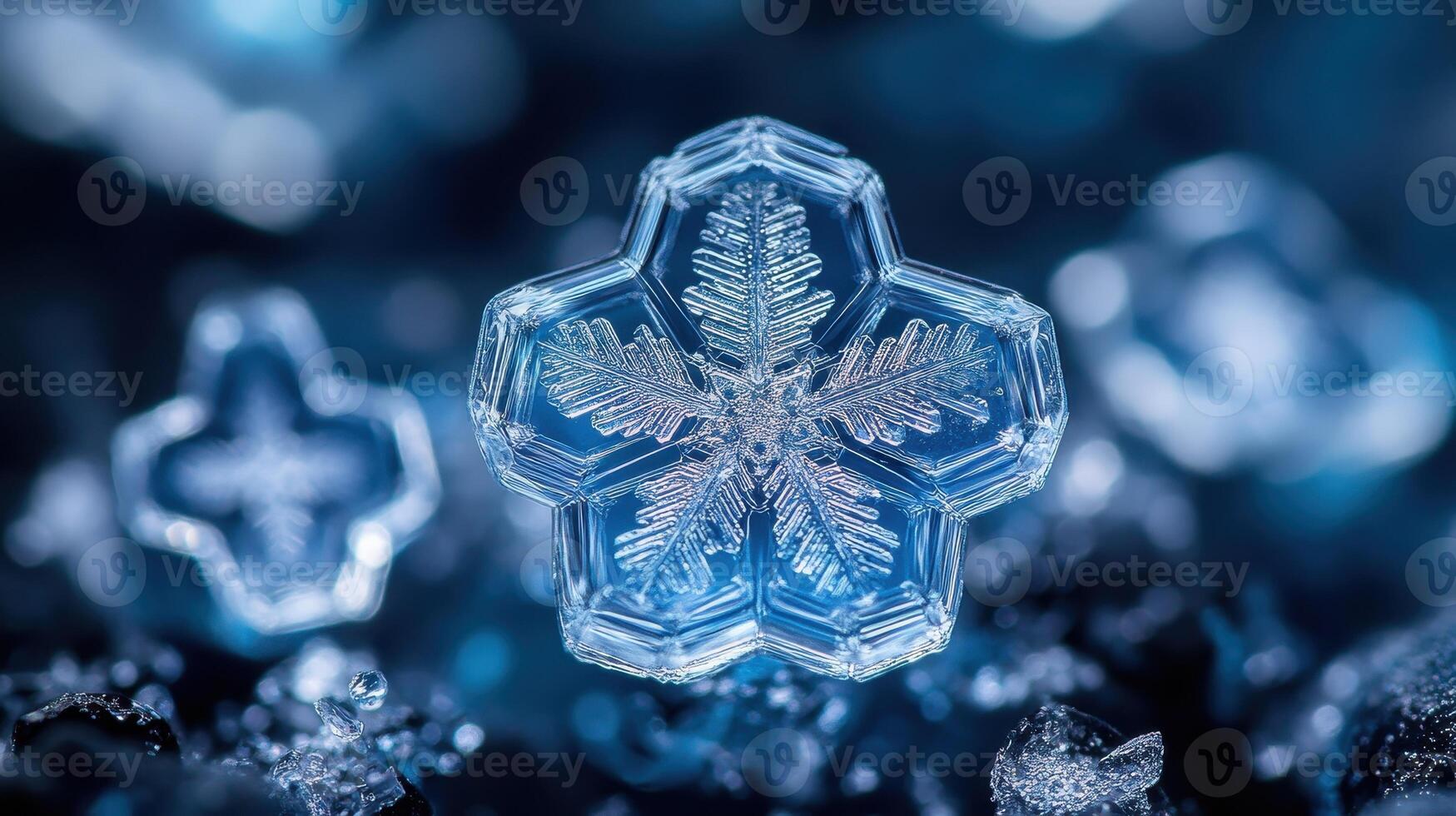 Close-up of intricate snowflake, winter scene, background blur, nature photography photo