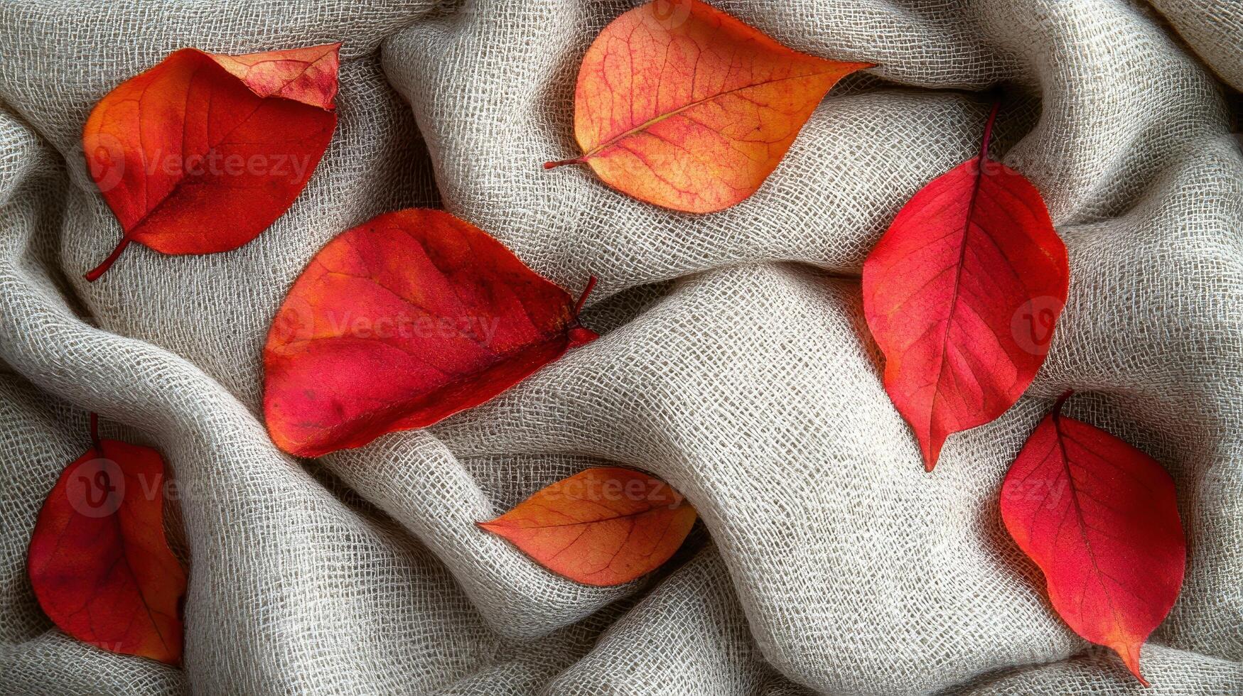 Autumn leaves on beige fabric, cozy fall background, textile texture photo