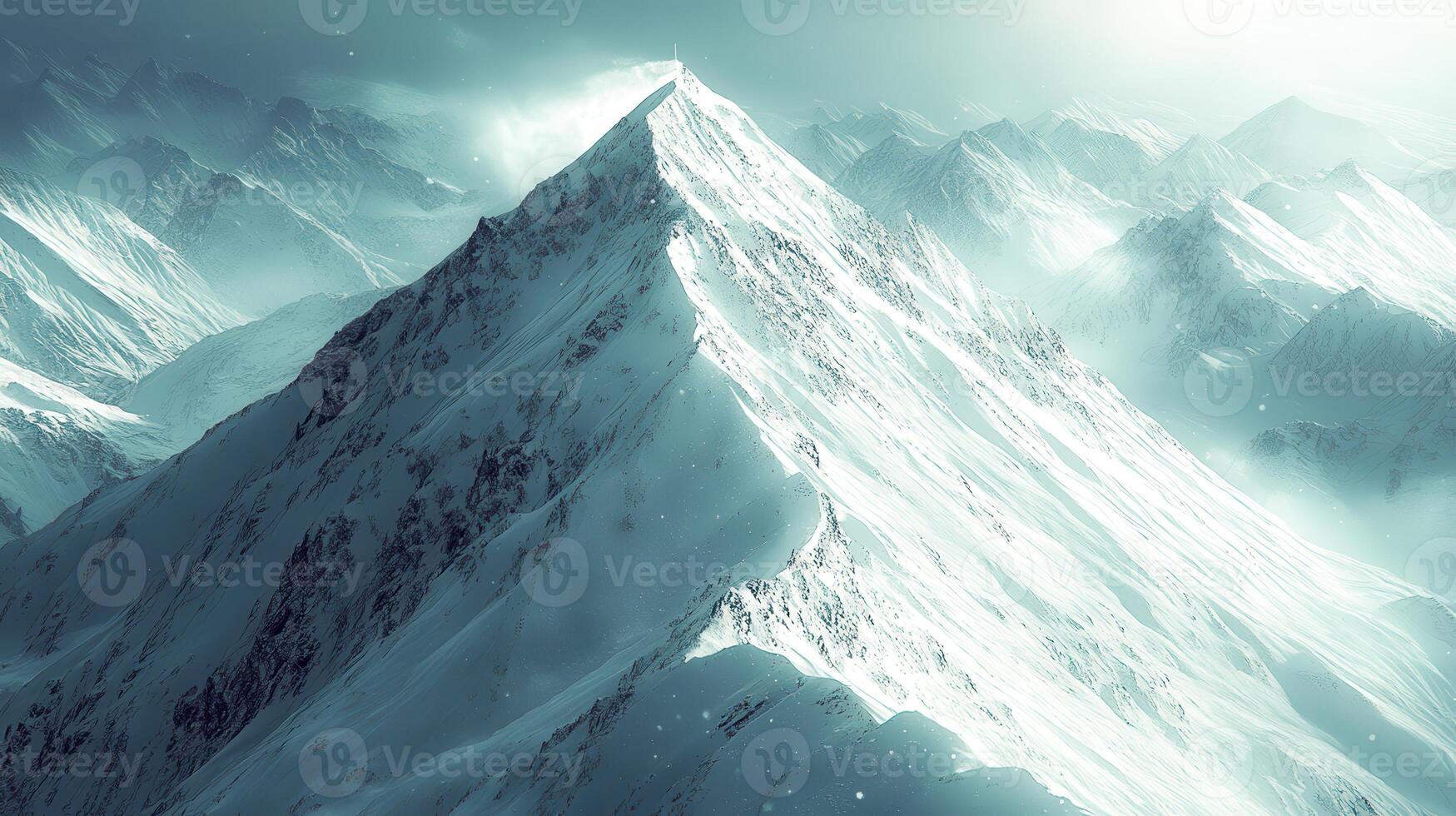 Snowy mountain peak, winter landscape, aerial view, sunlight, travel photo