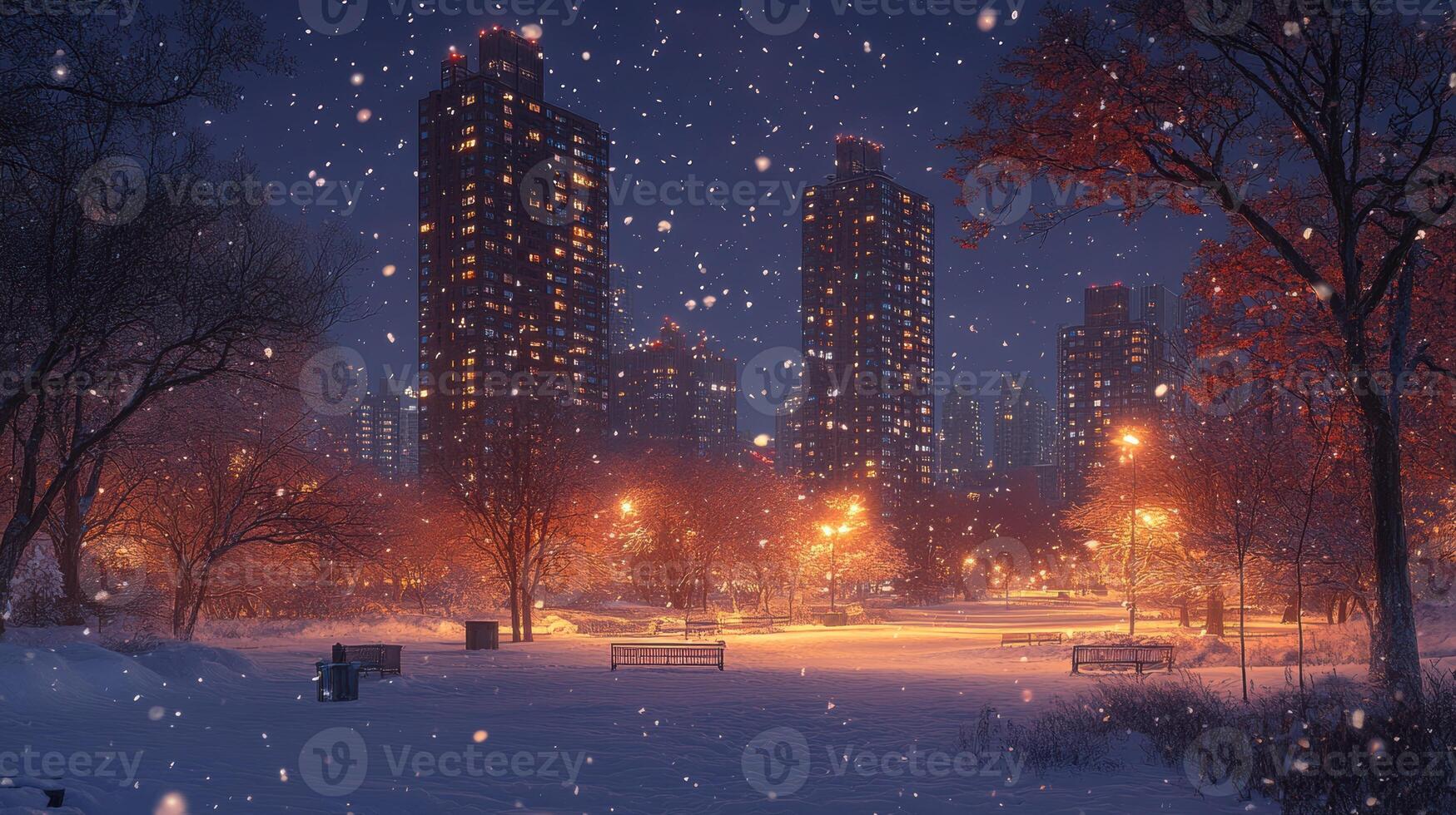 Snowy city park at night, illuminated buildings in background, winter scene, ideal for calendar photo