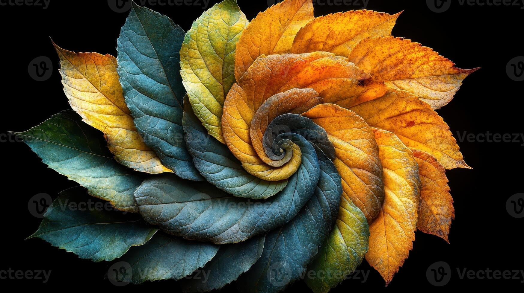 Autumn leaves spiral design, black background, nature art, fall decor photo