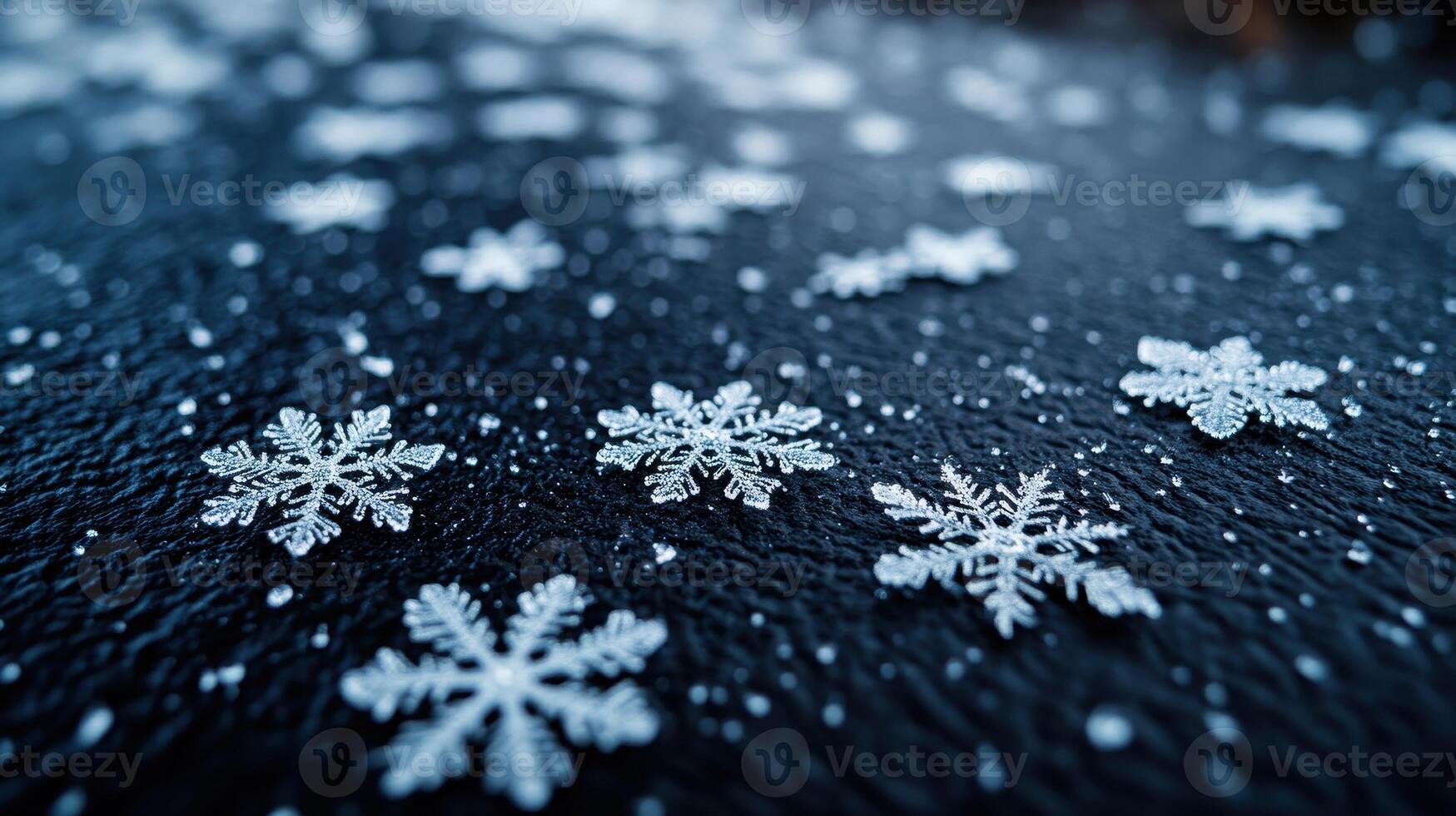 Winter snowflakes on dark surface, close-up. Background blurred. Ideal for holiday cards photo