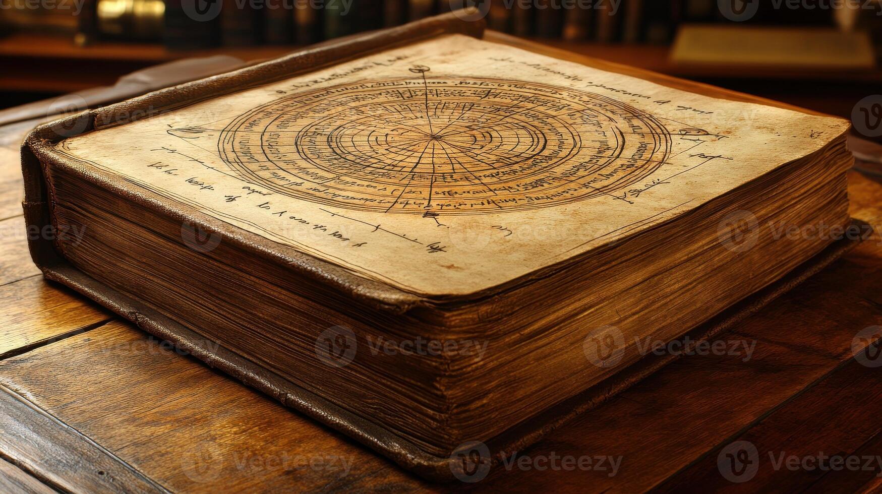 Antique book, celestial chart, library, wooden table, history photo