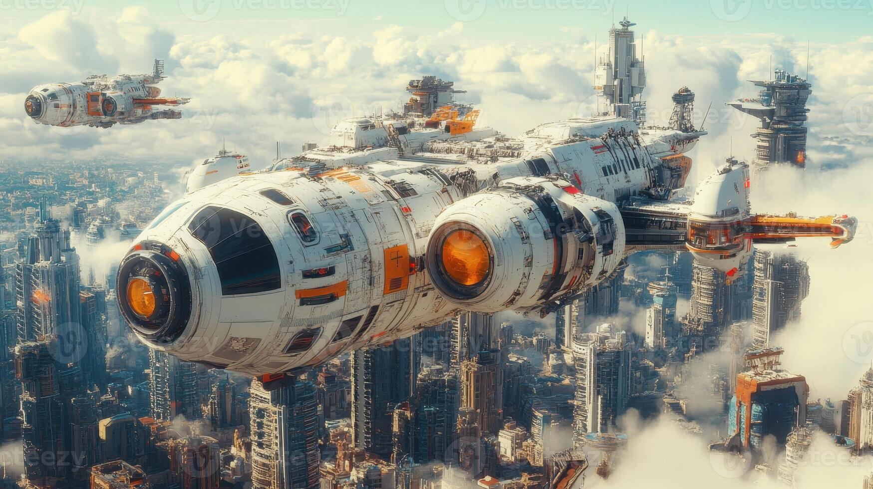 Futuristic spaceship flying over a cloudy city photo