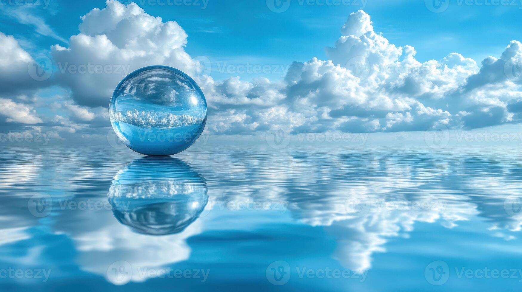 Crystal ball reflecting sky, clouds, water. Serenity, peace, nature photo