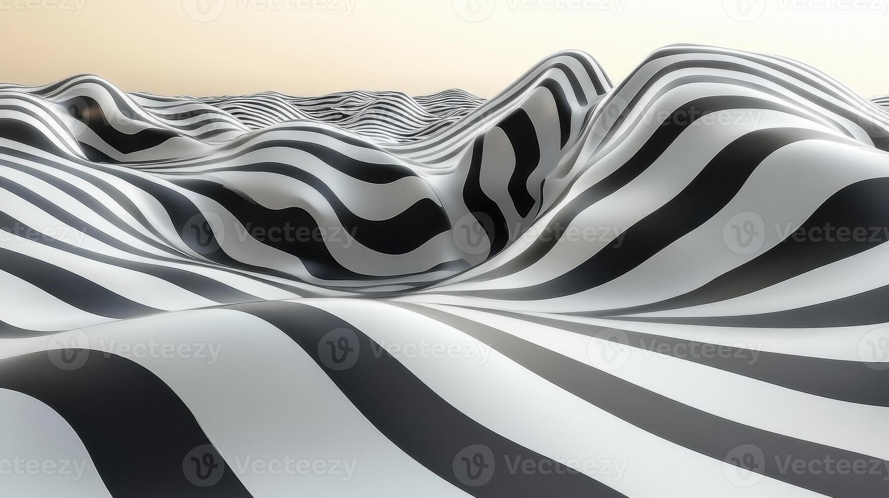 Abstract black white striped landscape, wavy hills, background sunset, design texture photo