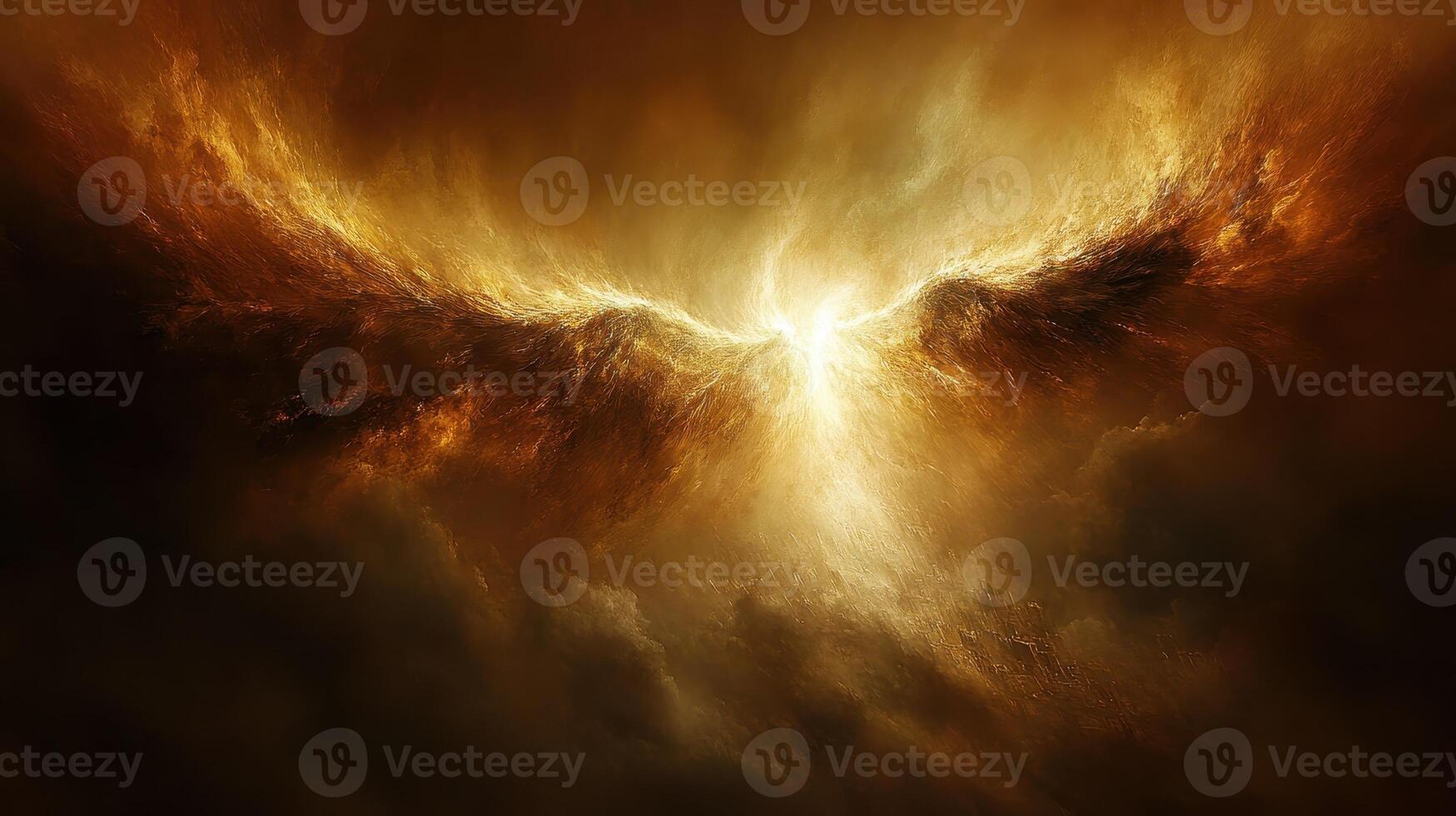 Fiery angel wings, celestial light, dark clouds, divine power, fantasy art photo