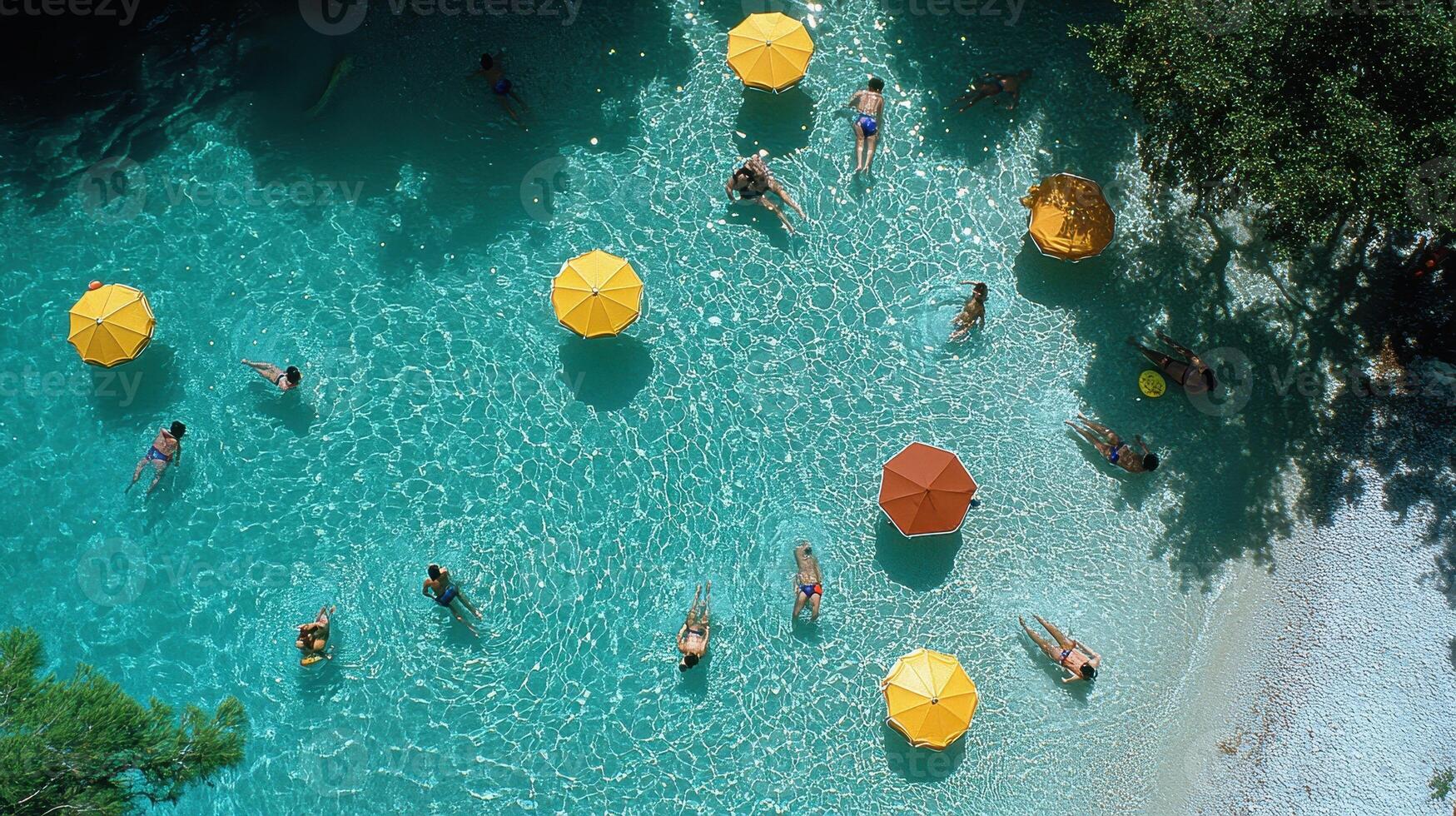 Aerial view of people swimming in a turquoise pool, surrounded by umbrellas and trees photo