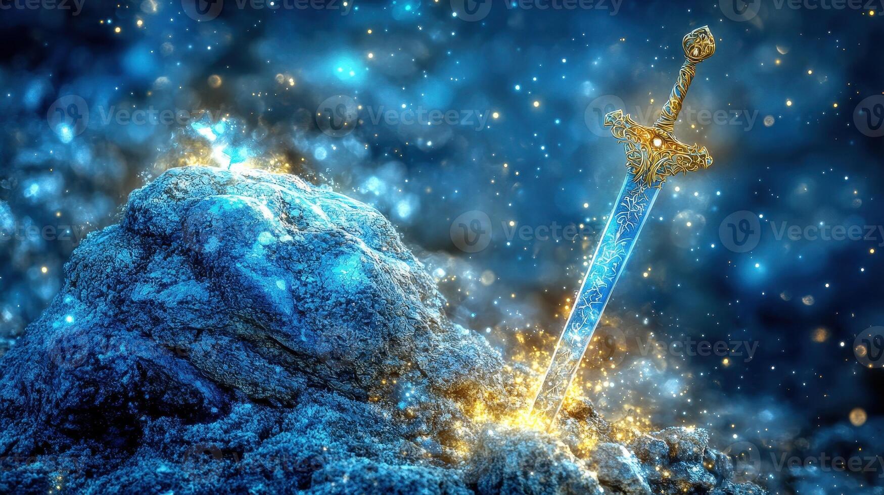 Magical sword in stone, fantasy night scene photo