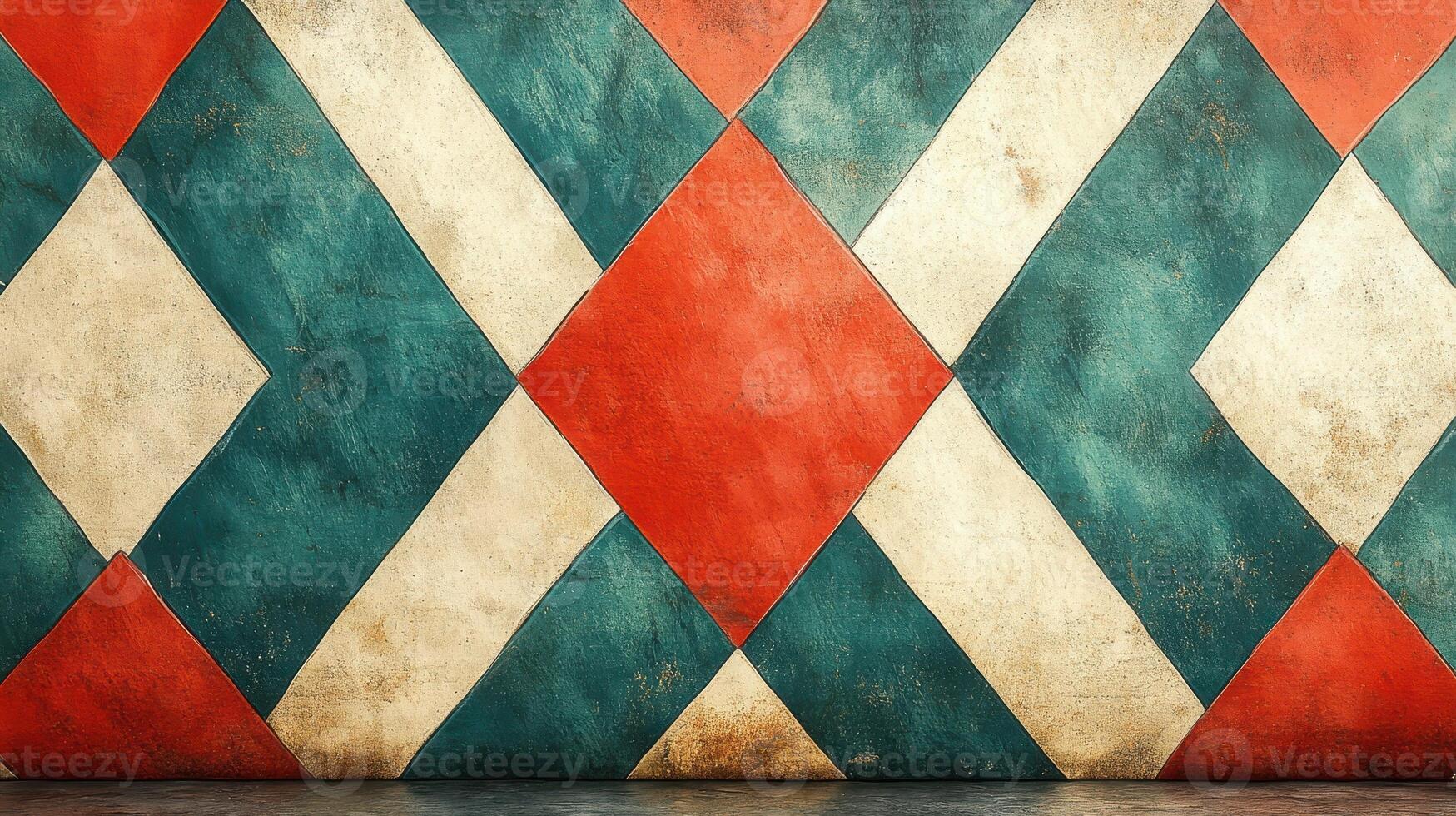 Vintage red teal diamond floor tiles, grunge background, design texture photo