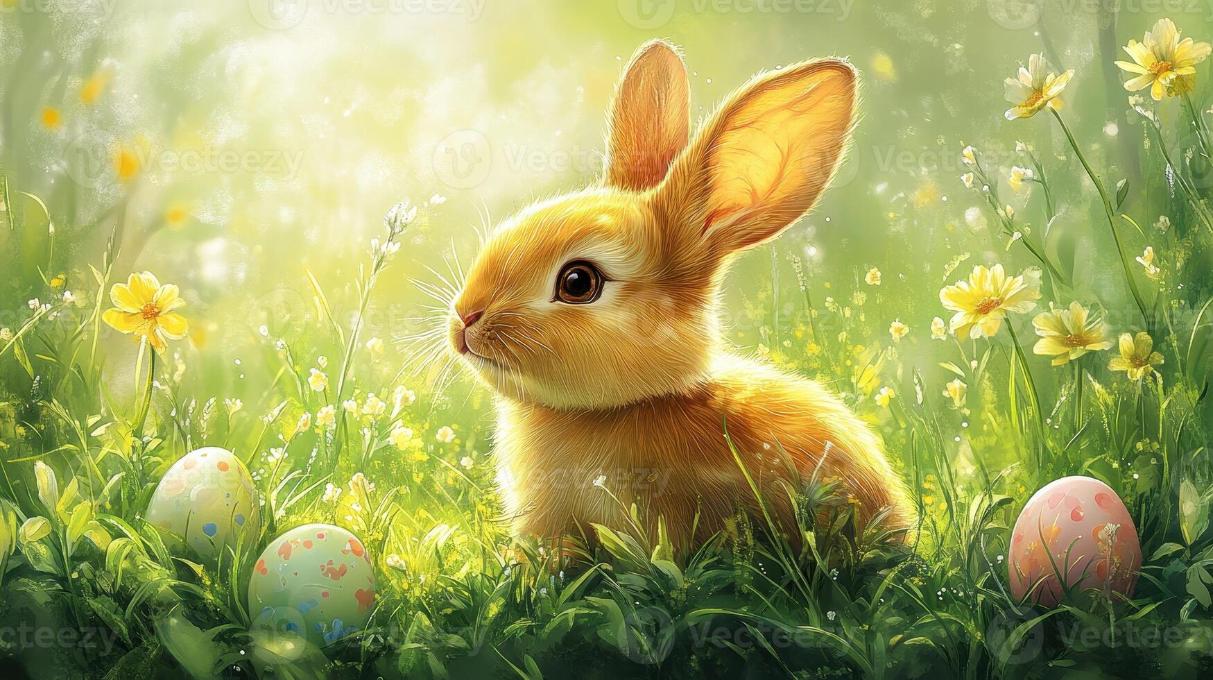 Easter bunny in spring meadow, pastel eggs photo