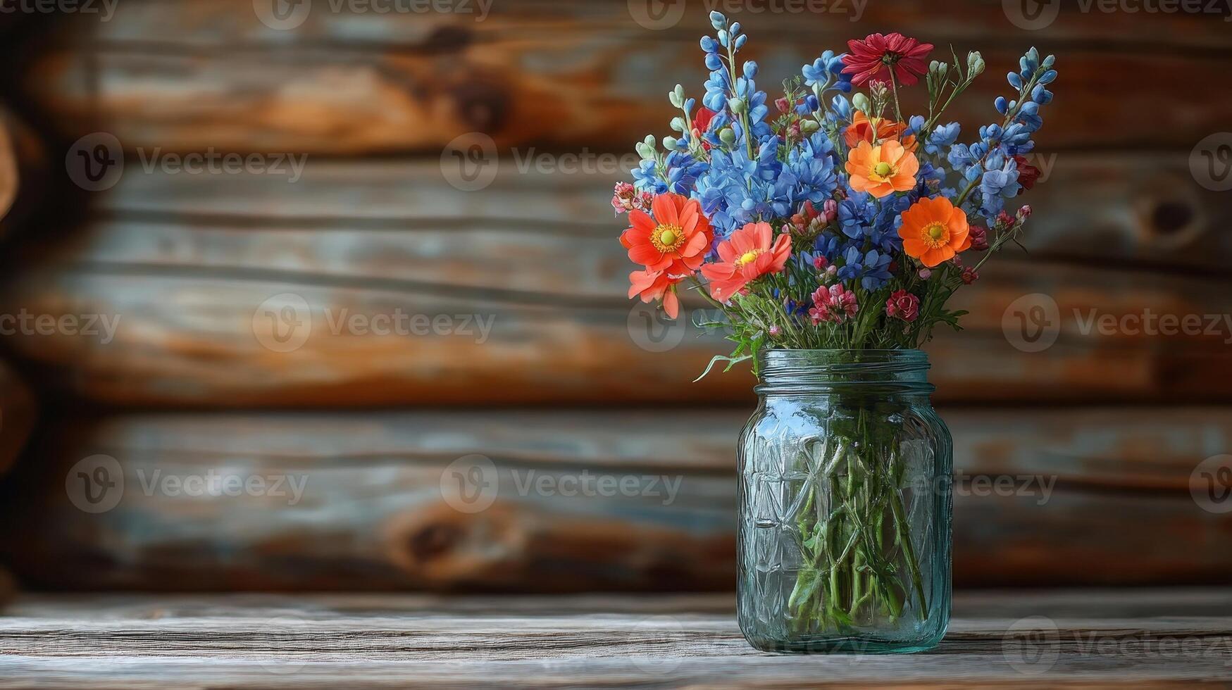 Wildflowers in mason jar, rustic cabin backdrop, spring bouquet, home decor photo