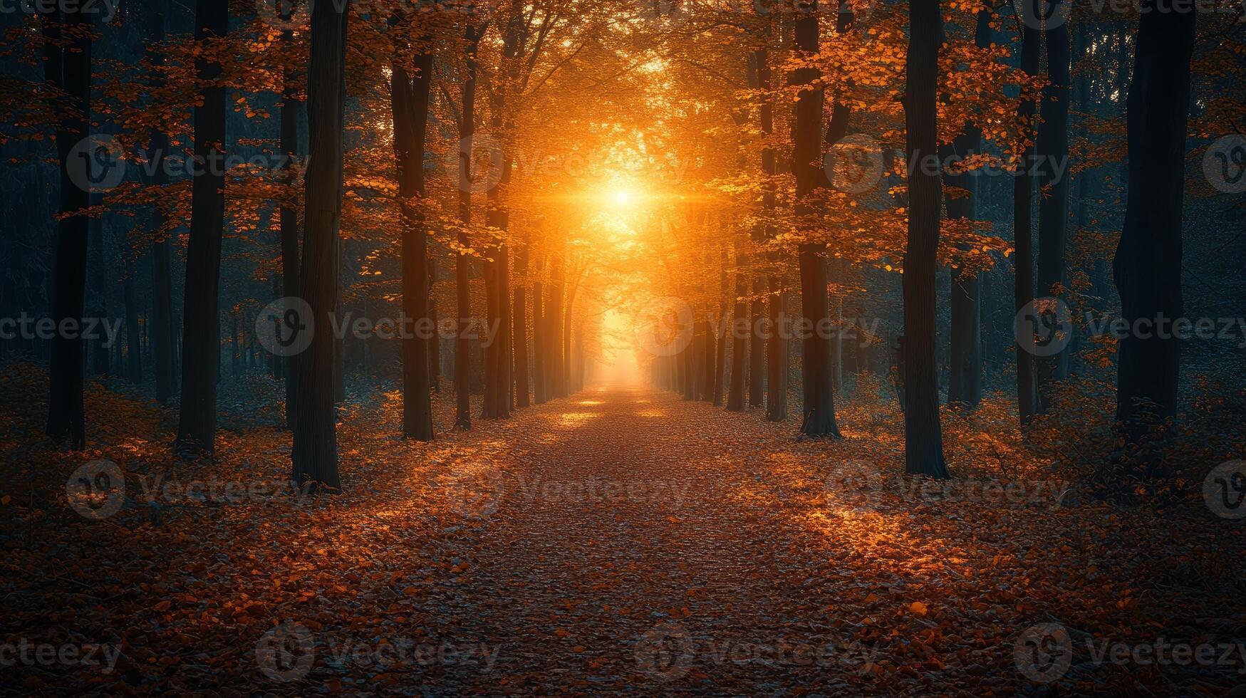 Sunlit autumn forest path, misty morning, nature scene, wallpaper photo