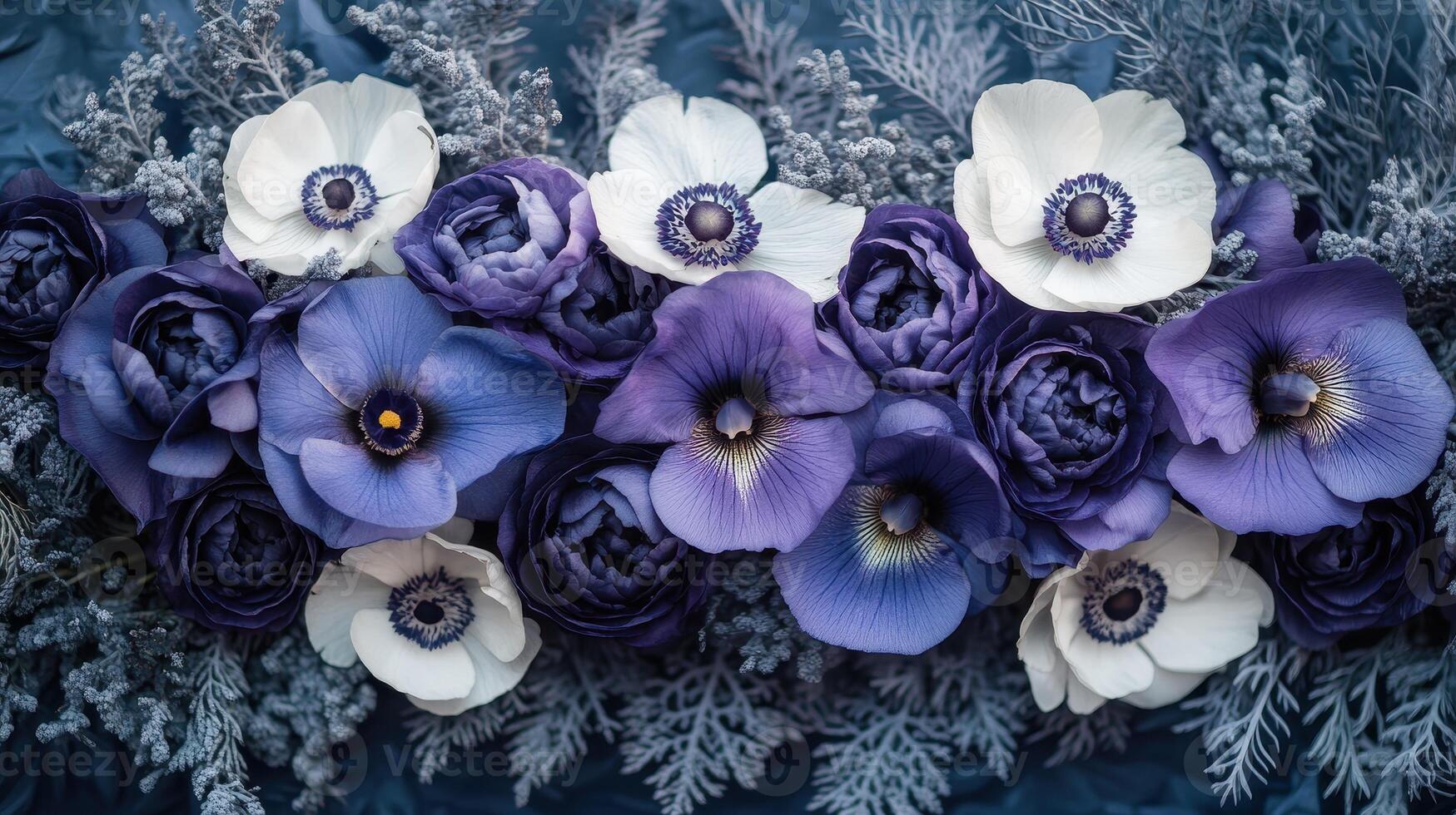 Elegant purple and white flower arrangement, flat lay, textured background, website banner photo