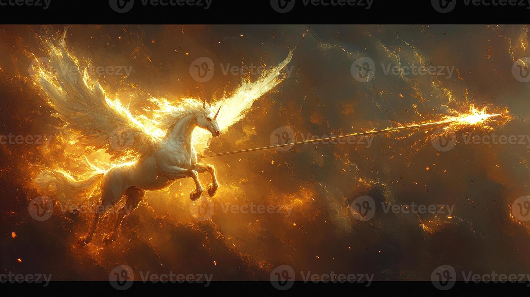 Fiery winged unicorn soaring, cosmic background, fantasy art photo