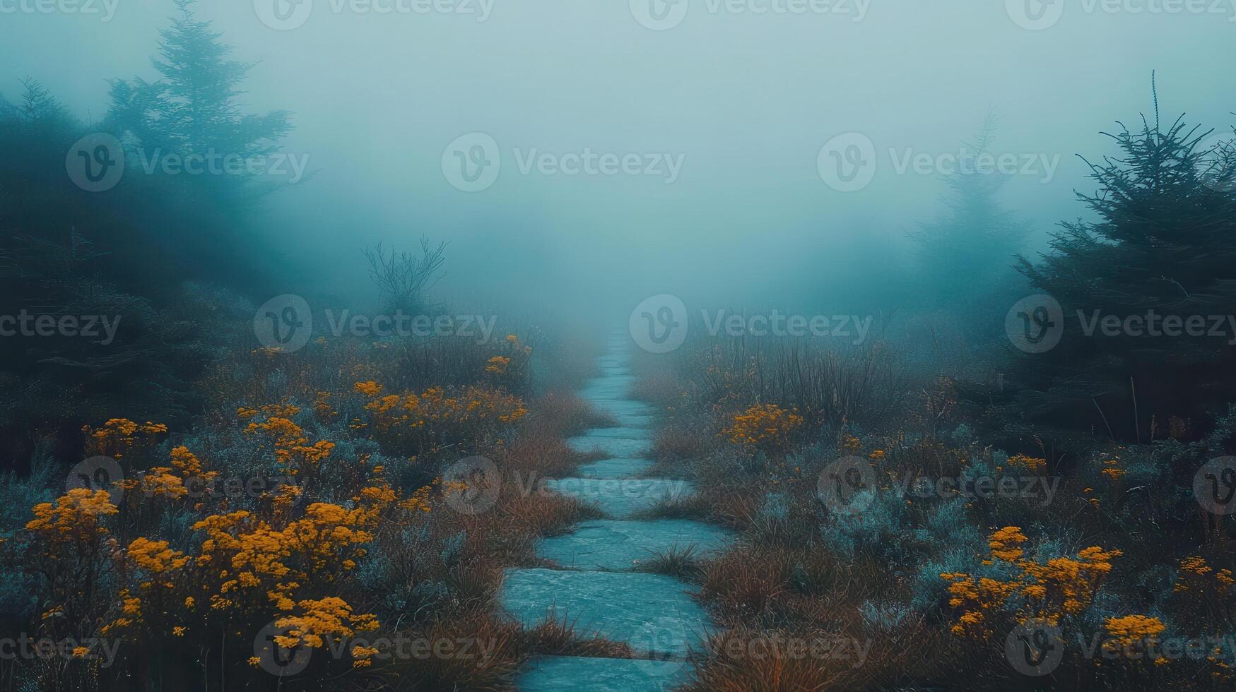 Misty mountain path, wildflowers, autumn, fog, scenic photo