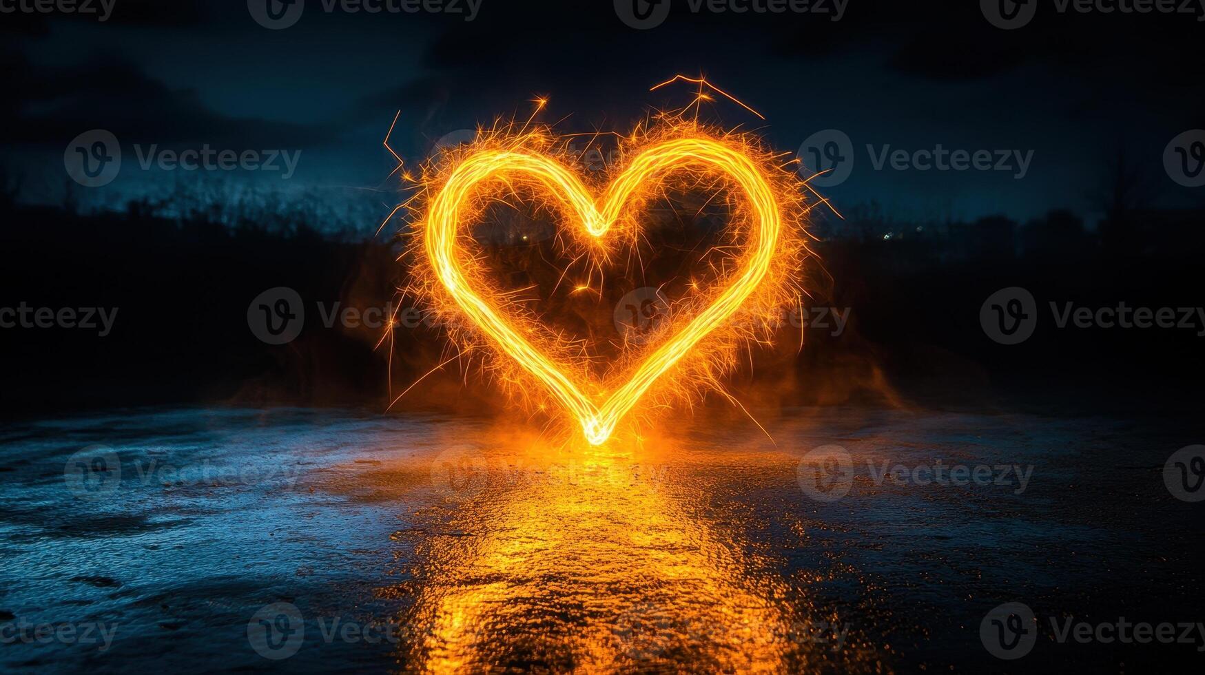 Fiery heart light painting at night, reflecting on water, romantic background, ideal for Valentine's Day photo