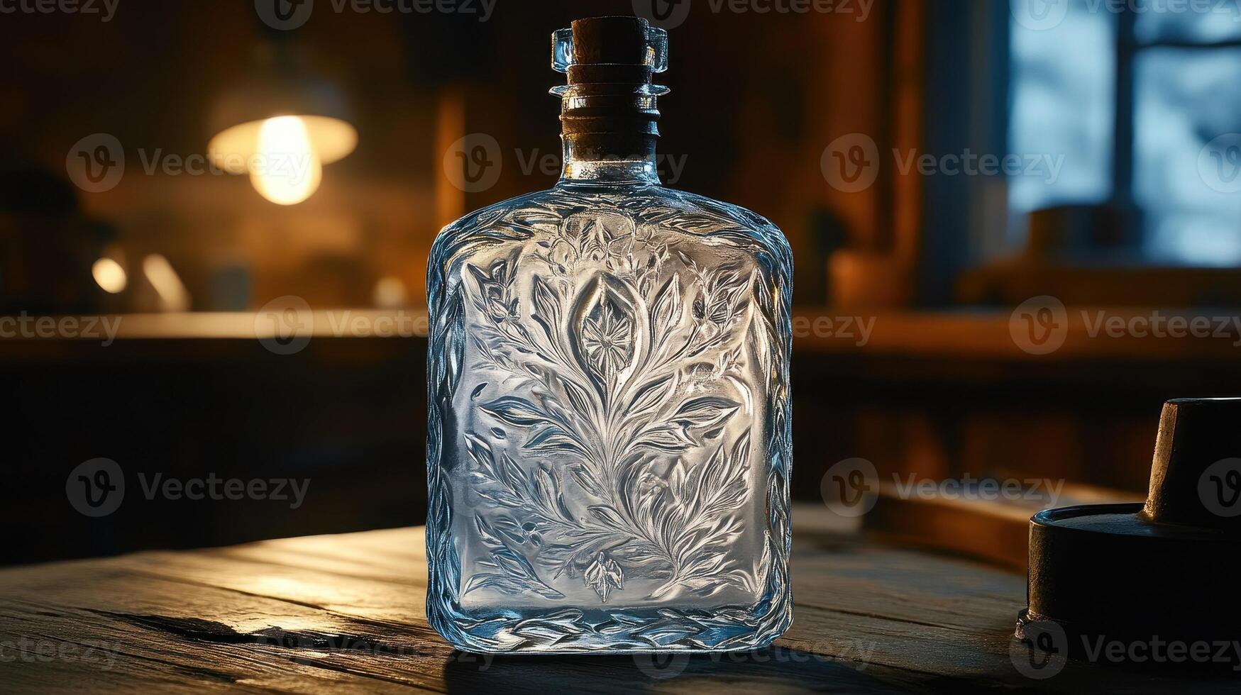 Etched glass decanter, rustic workshop, night photo