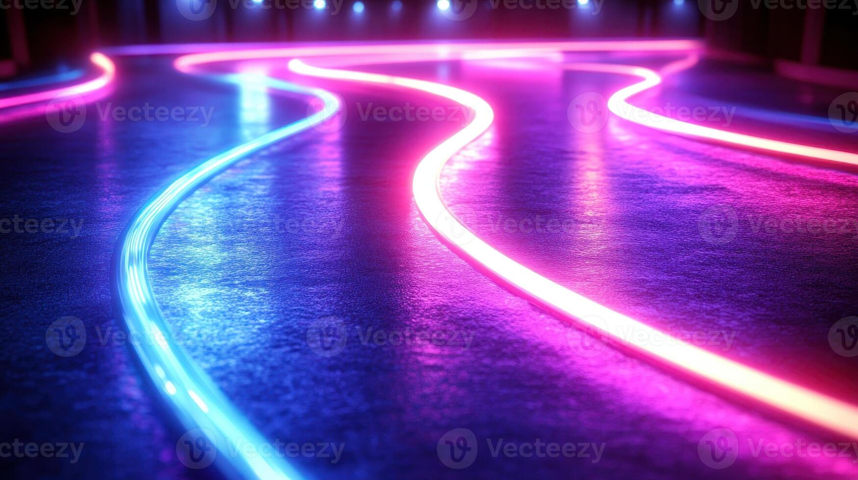 Neon light trails on floor, dark background, futuristic, event backdrop photo