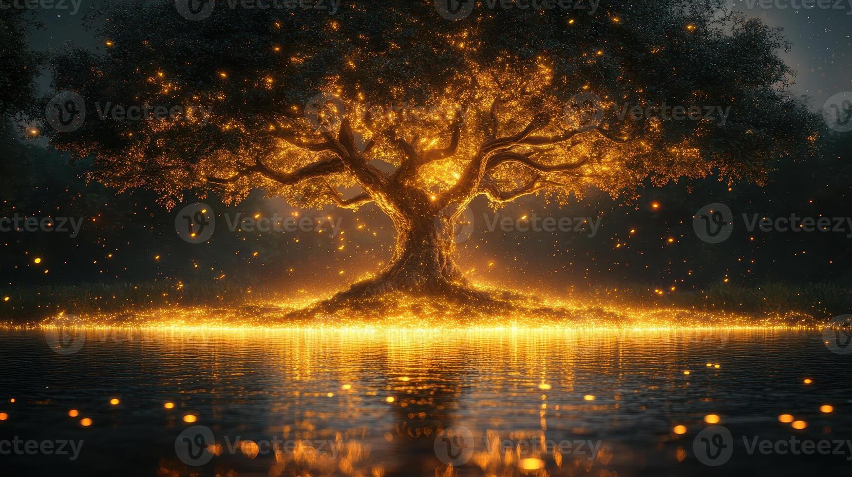 Glowing tree by lake, magical night, fantasy illustration, wallpaper photo