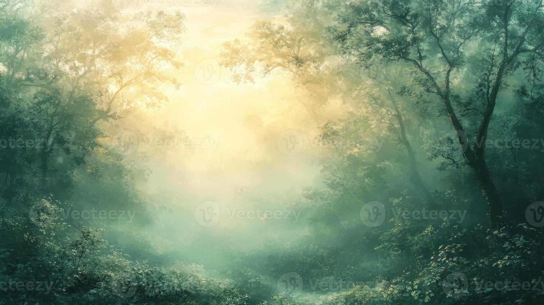Misty forest path, sunrise, nature background, magical scene, fantasy photo