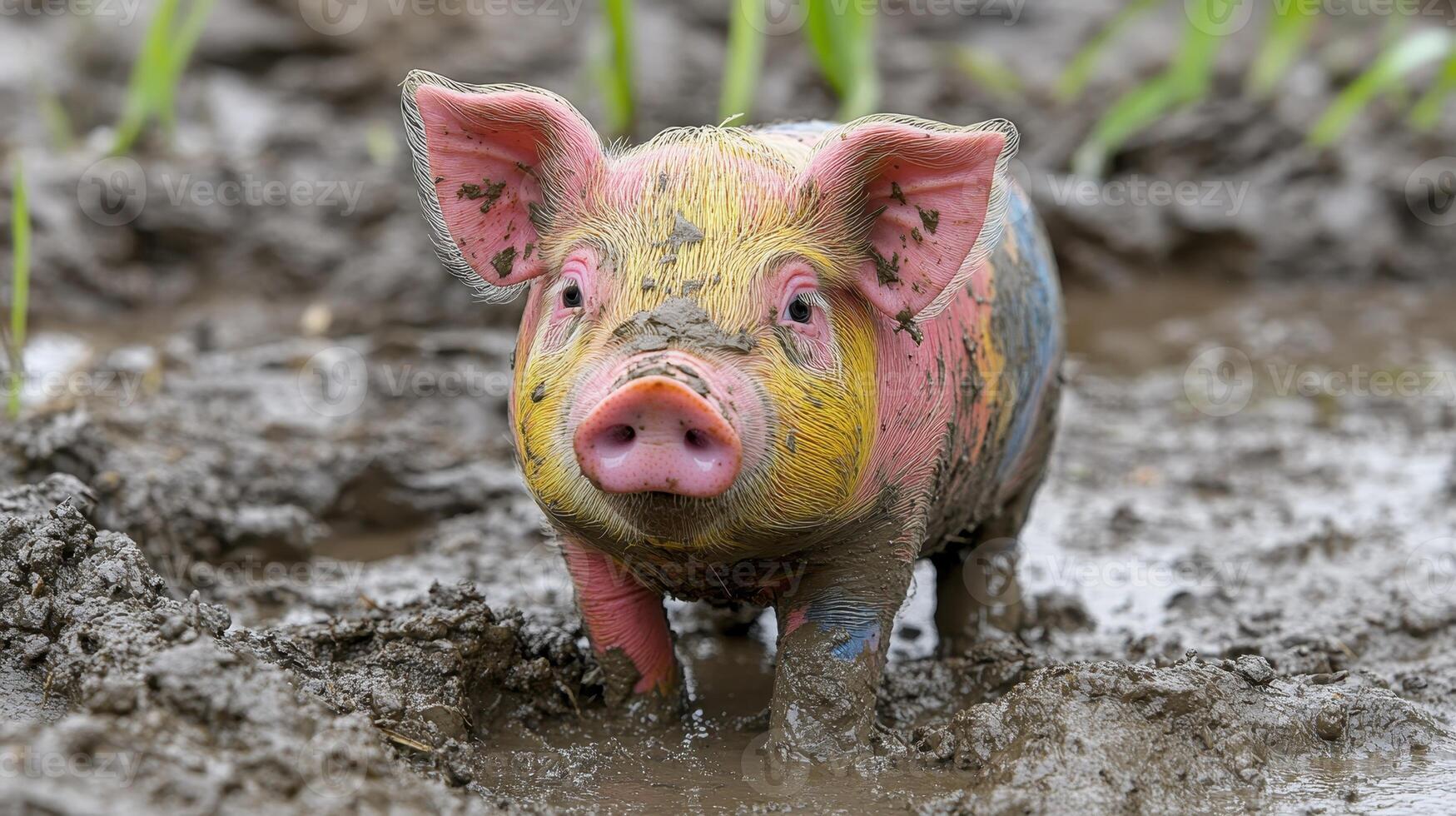Mud-covered piglet in field, playful pose. Stock photo for farming