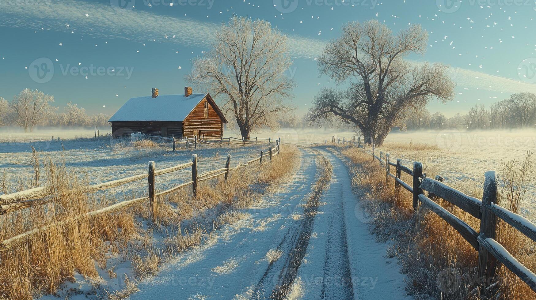 Snowy winter road to cabin, frosty field, sunrise photo