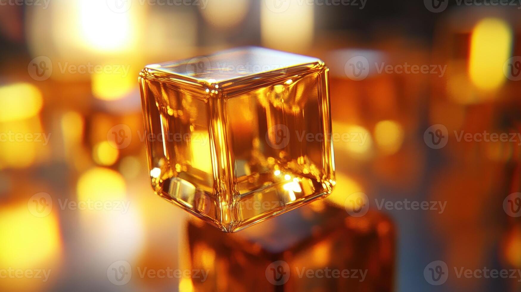 Golden glass cube, reflecting light, abstract background, luxury product photo
