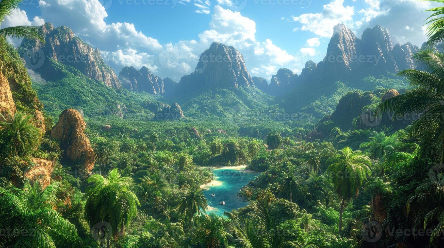 Lush Tropical Valley, Secluded Beach, Sunny Day, Paradise photo