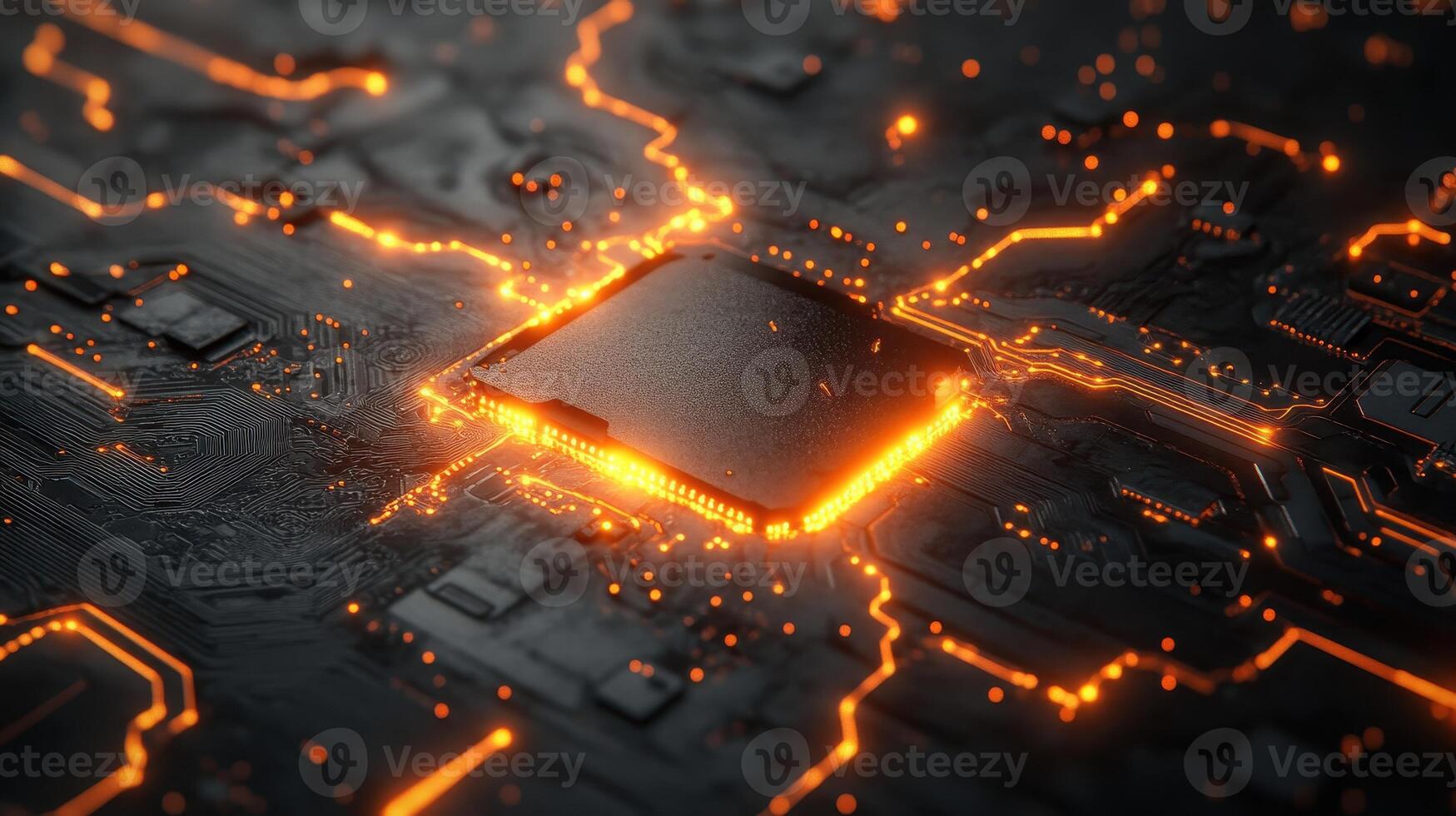 Glowing CPU on Circuit Board, Tech Background, Data Processing photo
