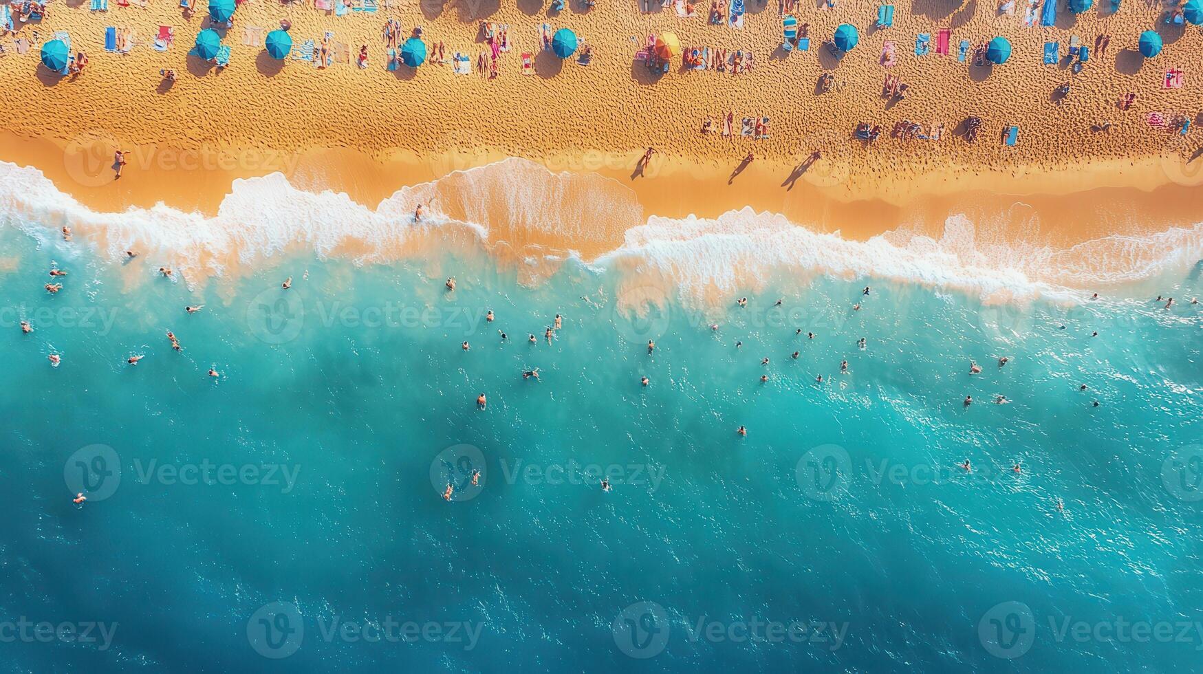 Aerial view of crowded beach, turquoise water, sunbathers, summer vacation photo