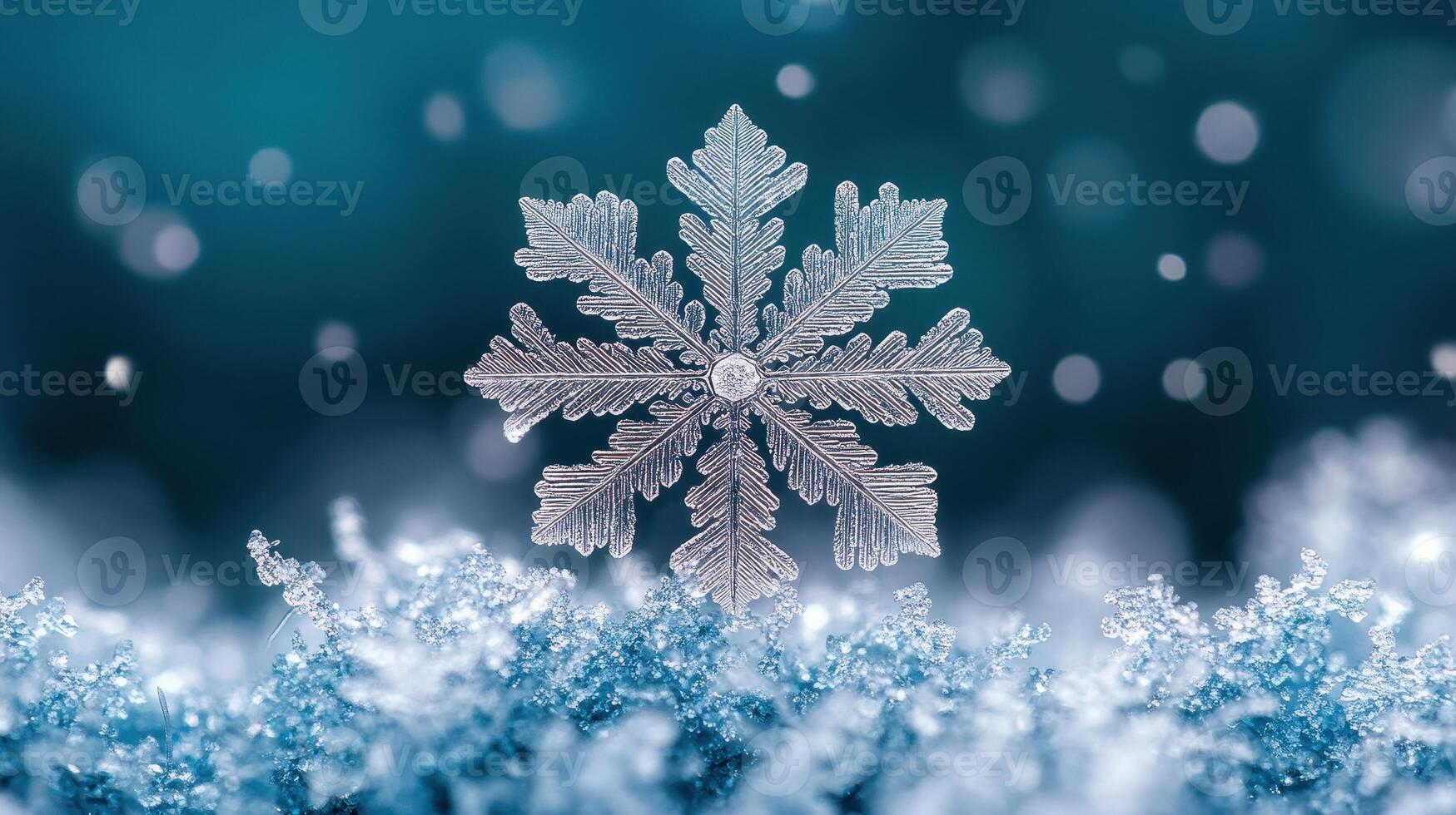 Single snowflake on snow, winter bokeh background, holiday card photo